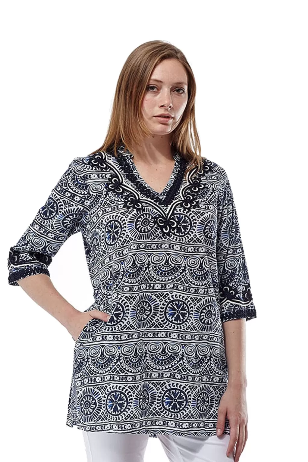 La Cera™ La Cera Short Sleeve Printed Tunic Top