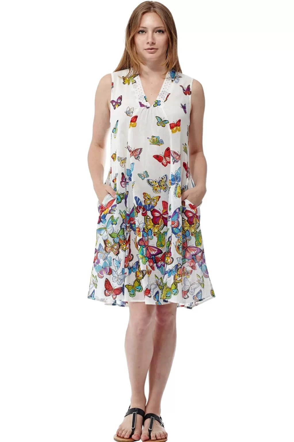 La Cera™ La Cera Sleeveless Butterfly Printed Dress