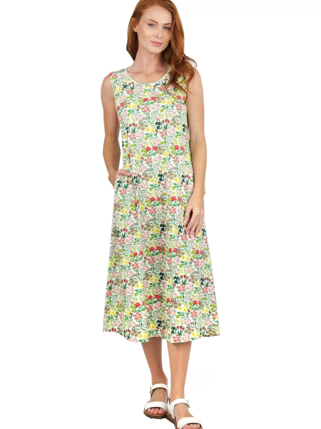 La Cera™ La Cera Sleeveless Printed A-Line Cotton Jersey Knit Dress
