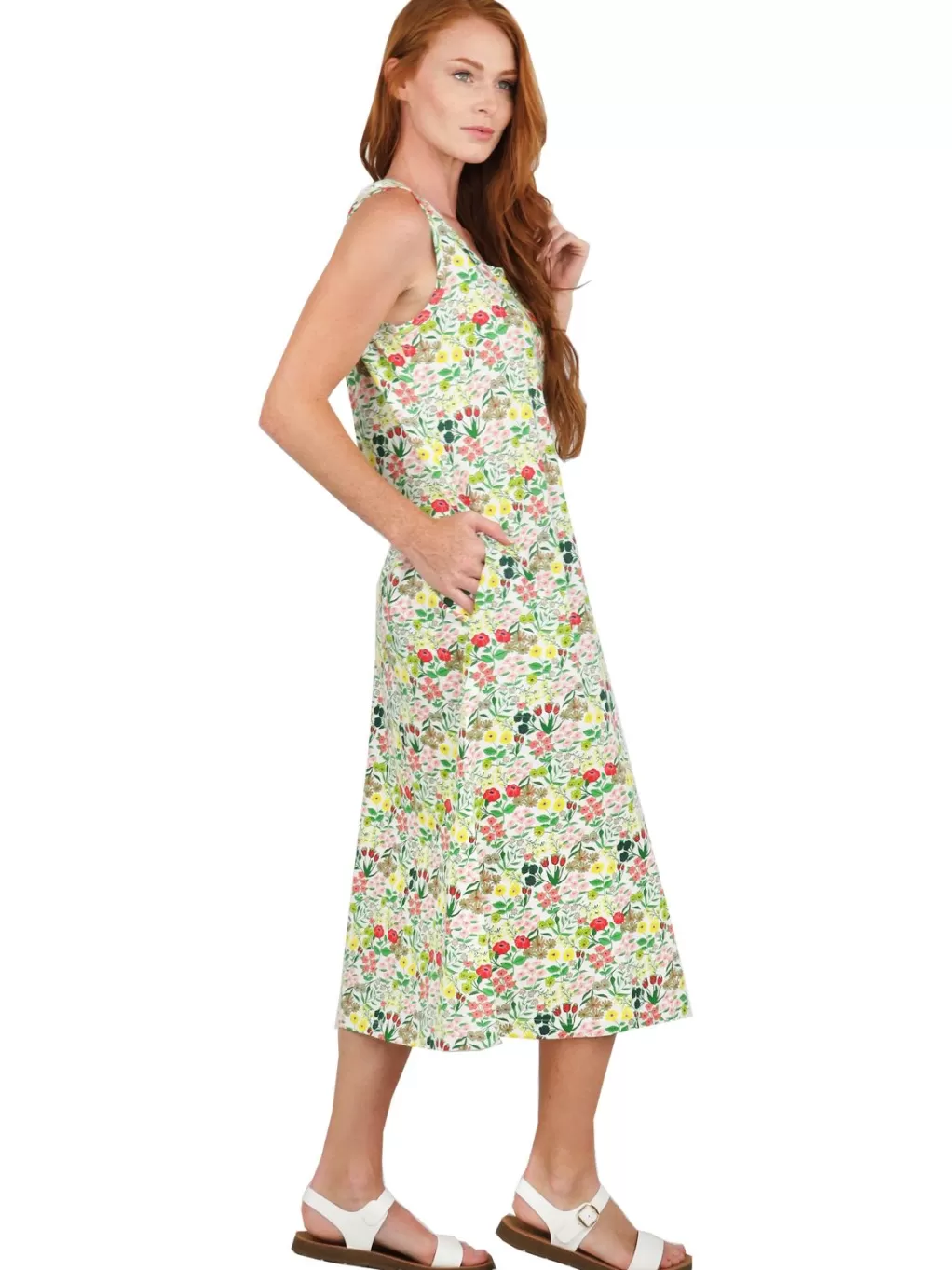 La Cera™ La Cera Sleeveless Printed A-Line Cotton Jersey Knit Dress