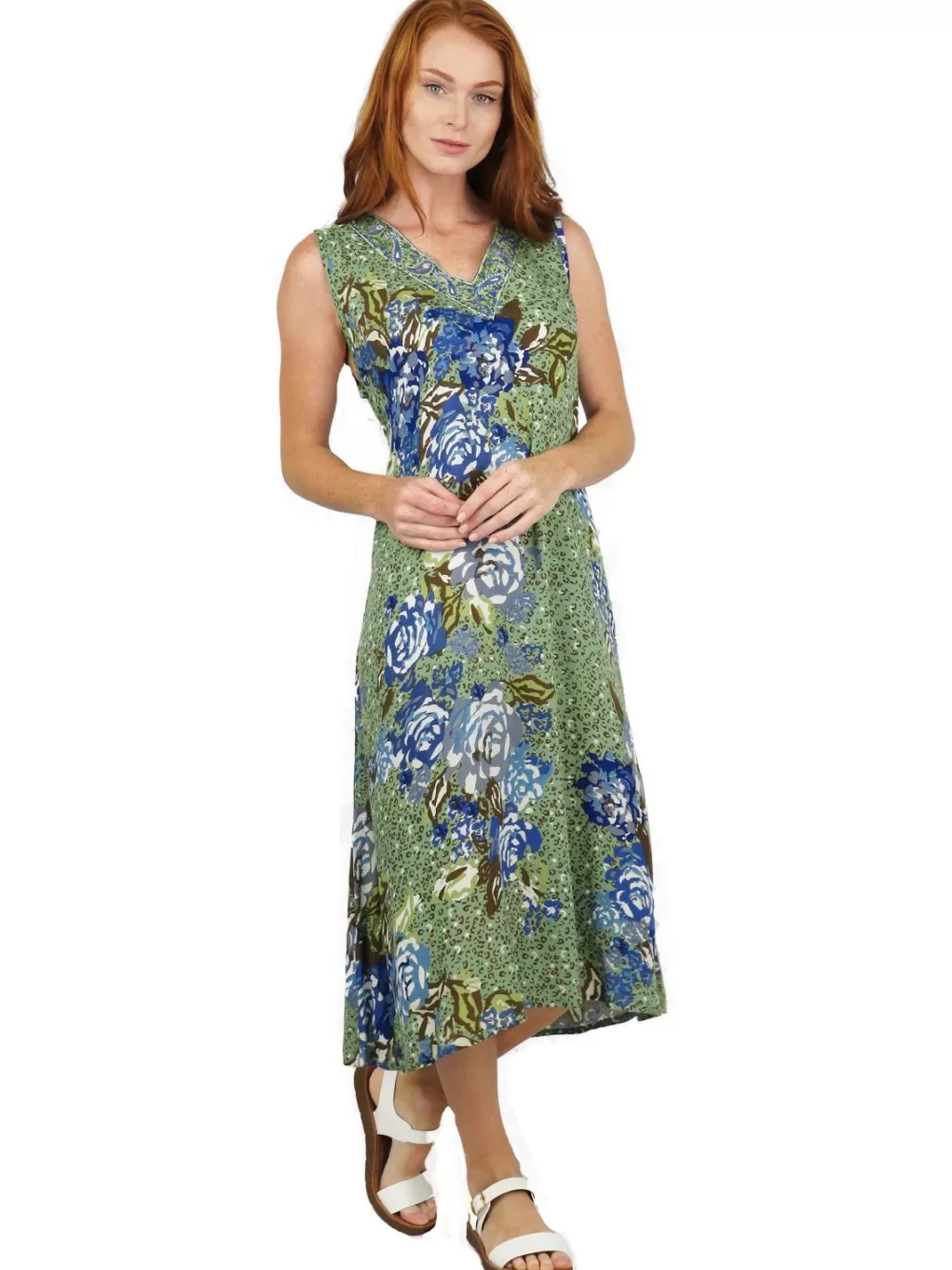 La Cera™ La Cera Sleeveless V-Neck Artistic Floral Dress