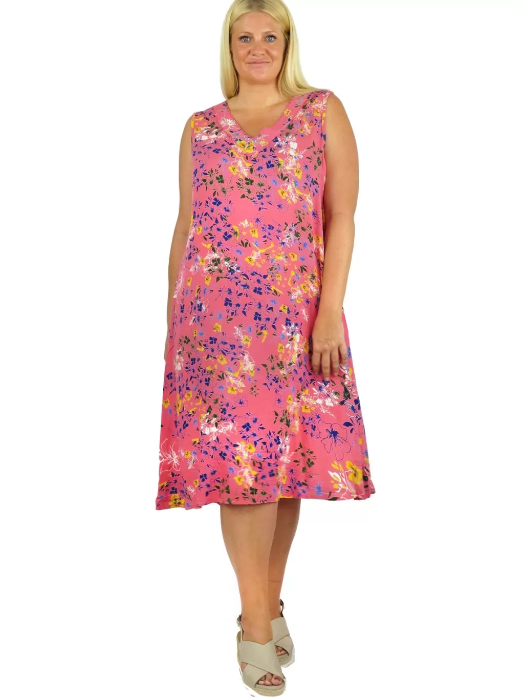La Cera™ La Cera Sleeveless V-Neck Vibrant Floral Dress - Plus Size