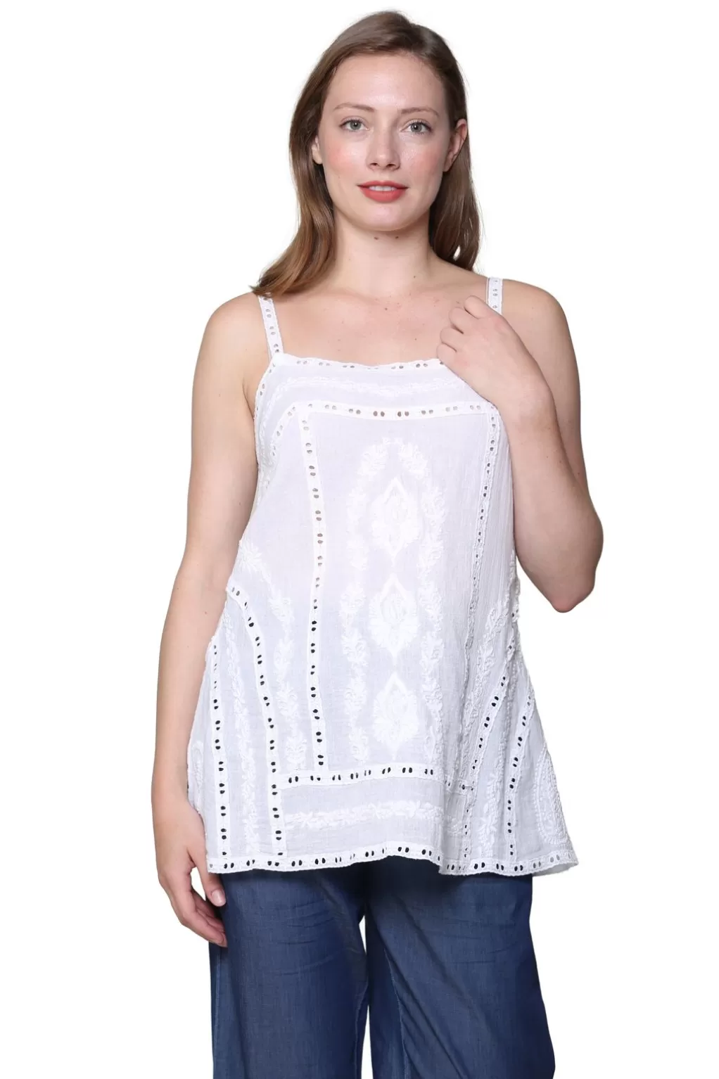 La Cera™ La Cera Spaghetti Strap Embroidered Top