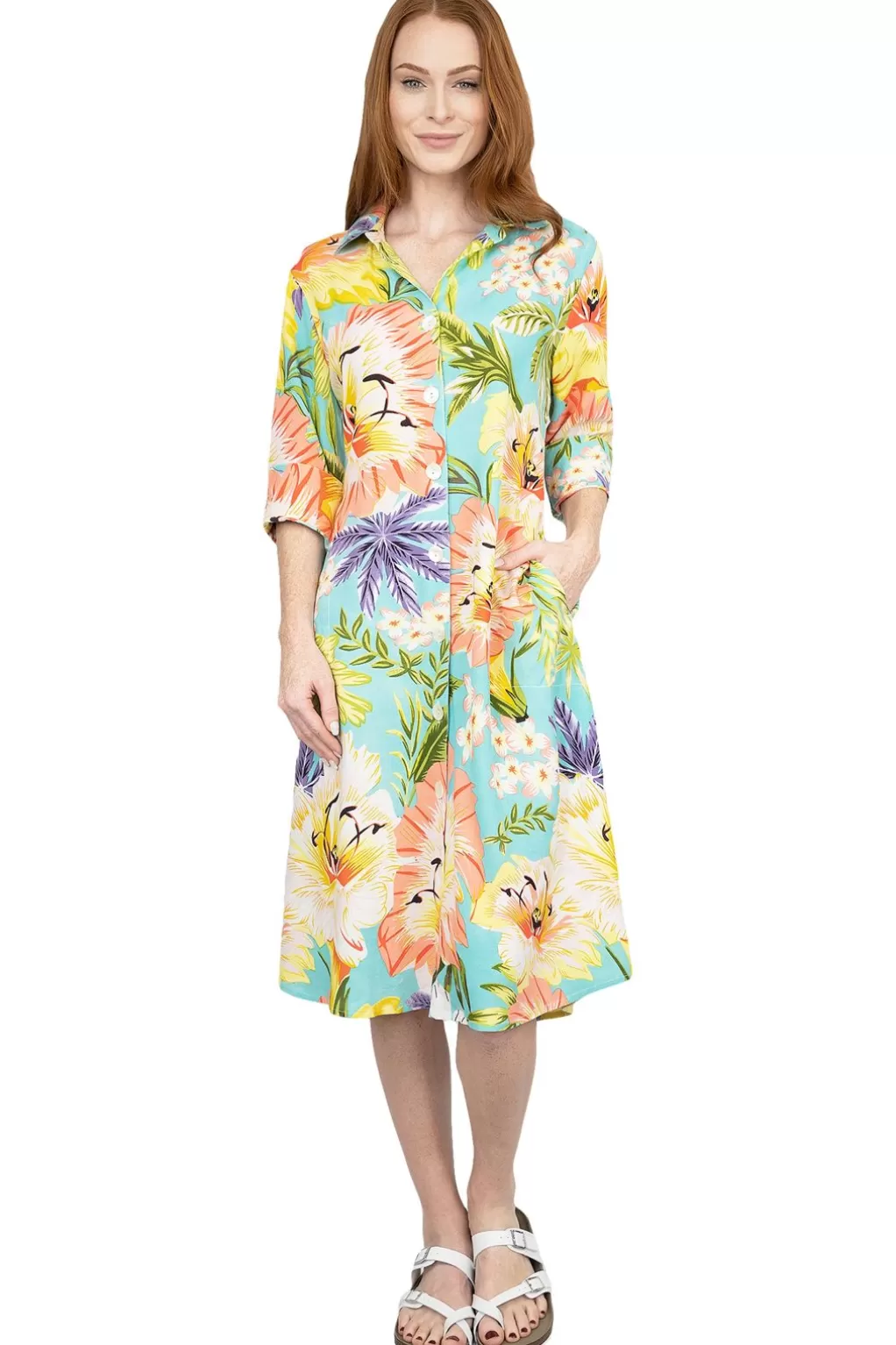 La Cera™ La Cera Tropical Floral Printed Button-Down Shirt Dress