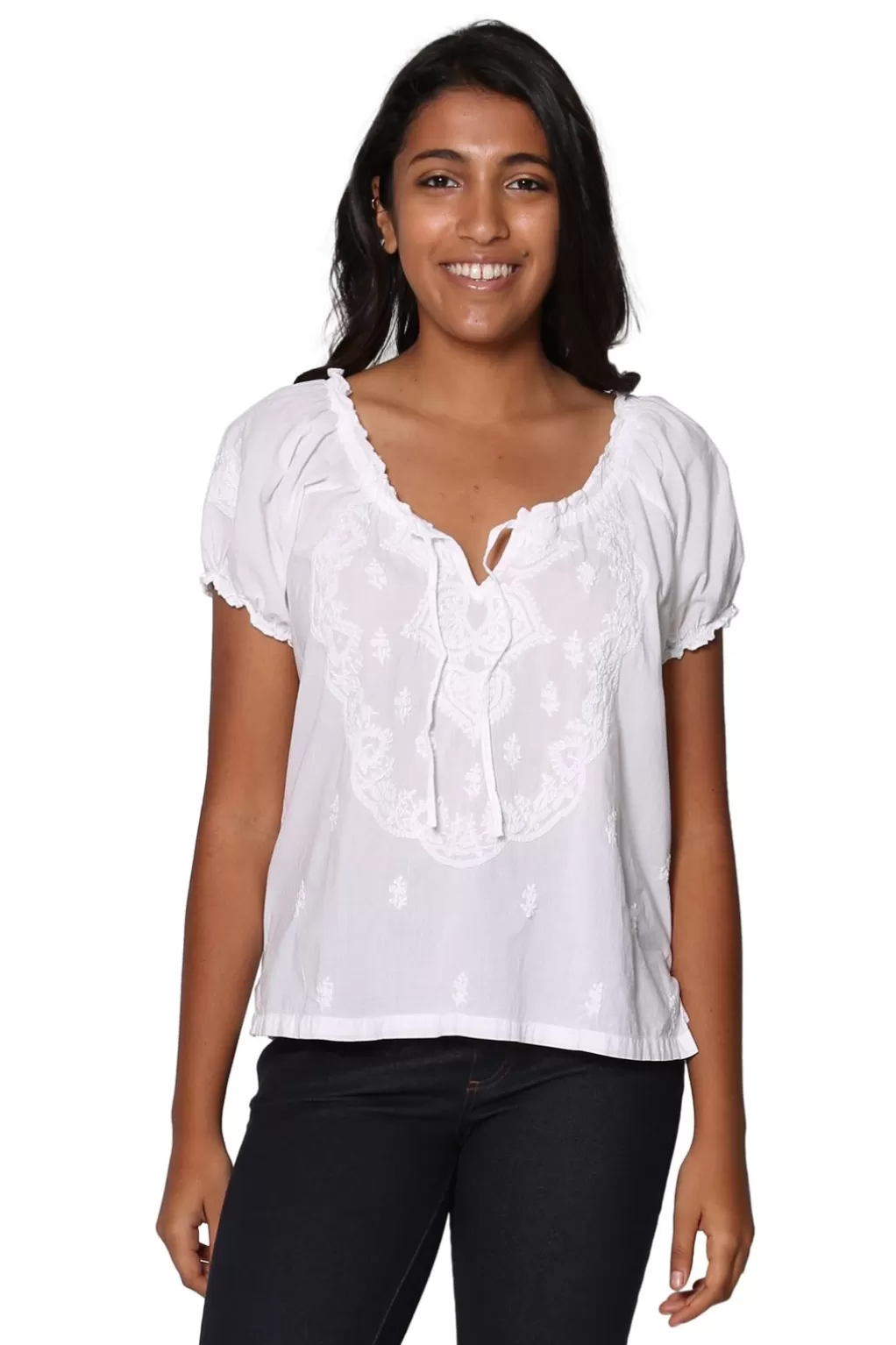 La Cera™ La Cera White Embroidered Short Sleeve Peasant Top