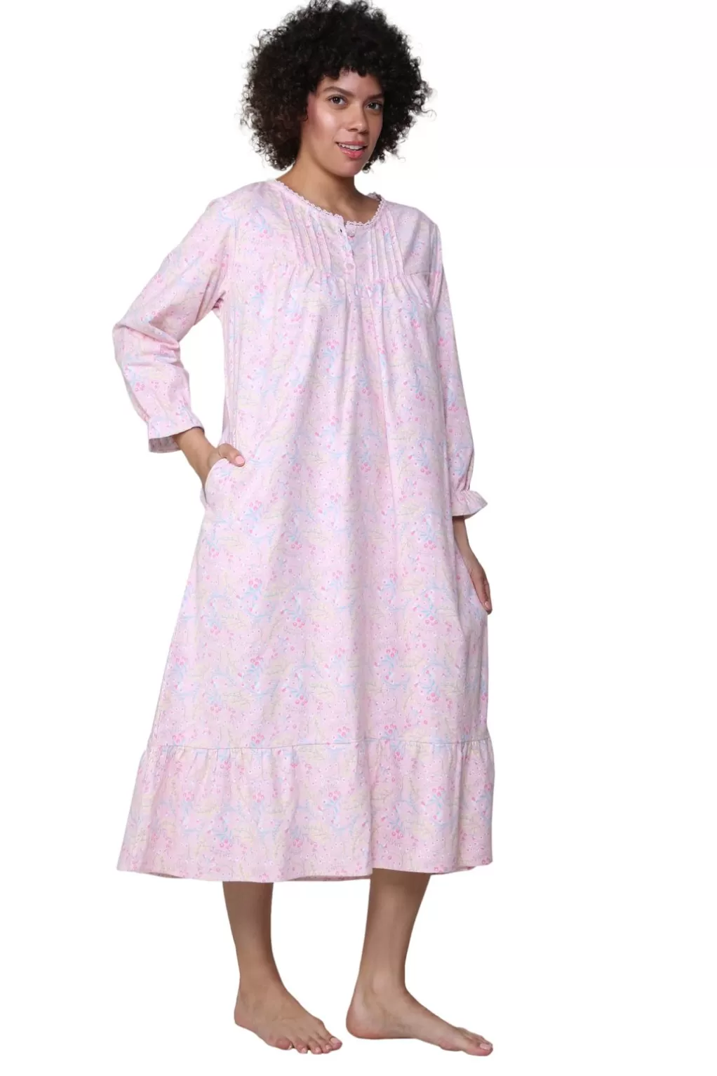 La Cera™ Lace Trimmed Cotton Flannel Wispy Floral Night Gown