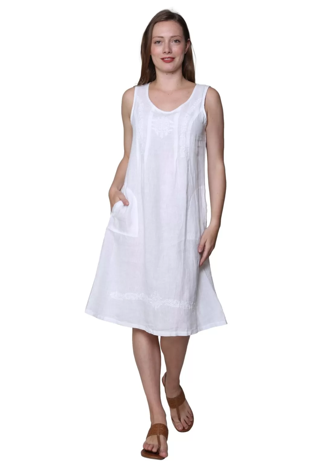 La Cera™ Linen Sleeveless Embroidered Dress