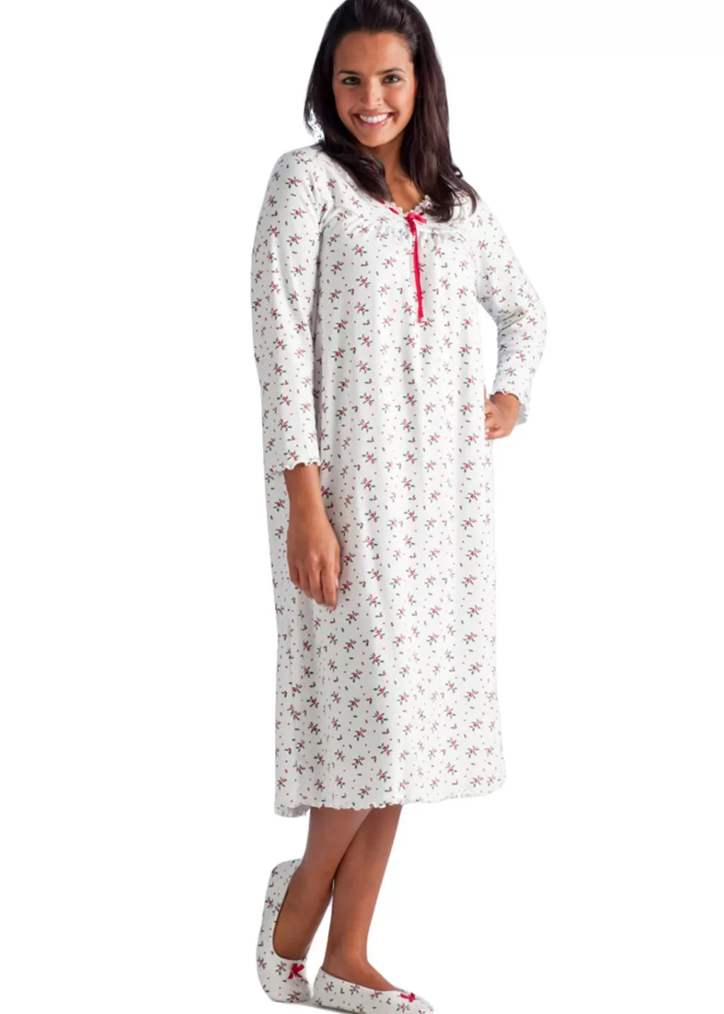La Cera™ Long Sleeve Cotton Knit Mistletoe Nightgown