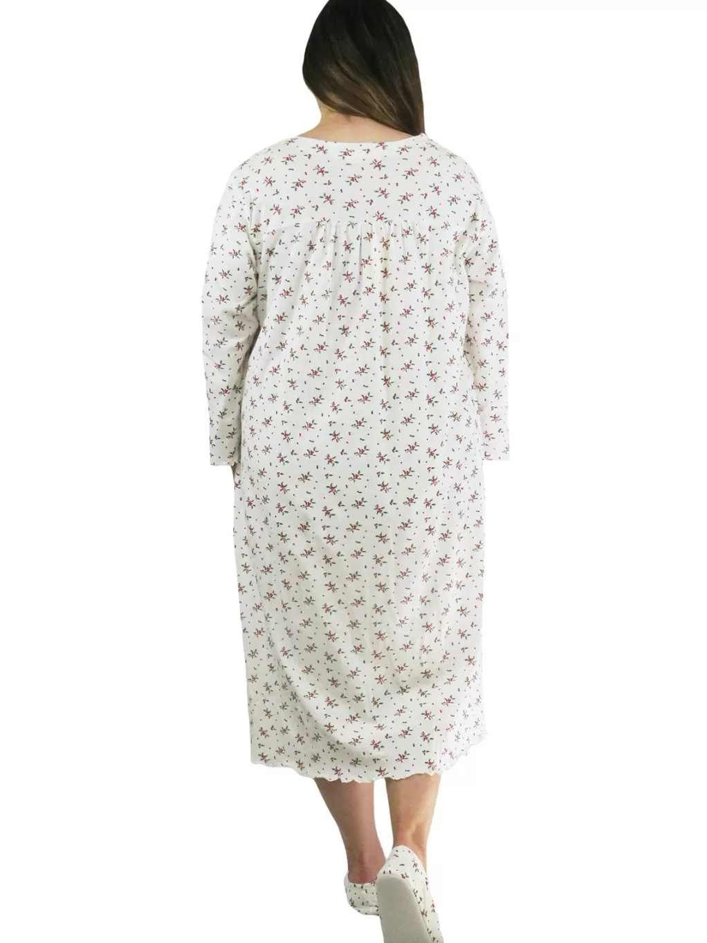 La Cera™ Long Sleeve Cotton Knit Mistletoe Nightgown