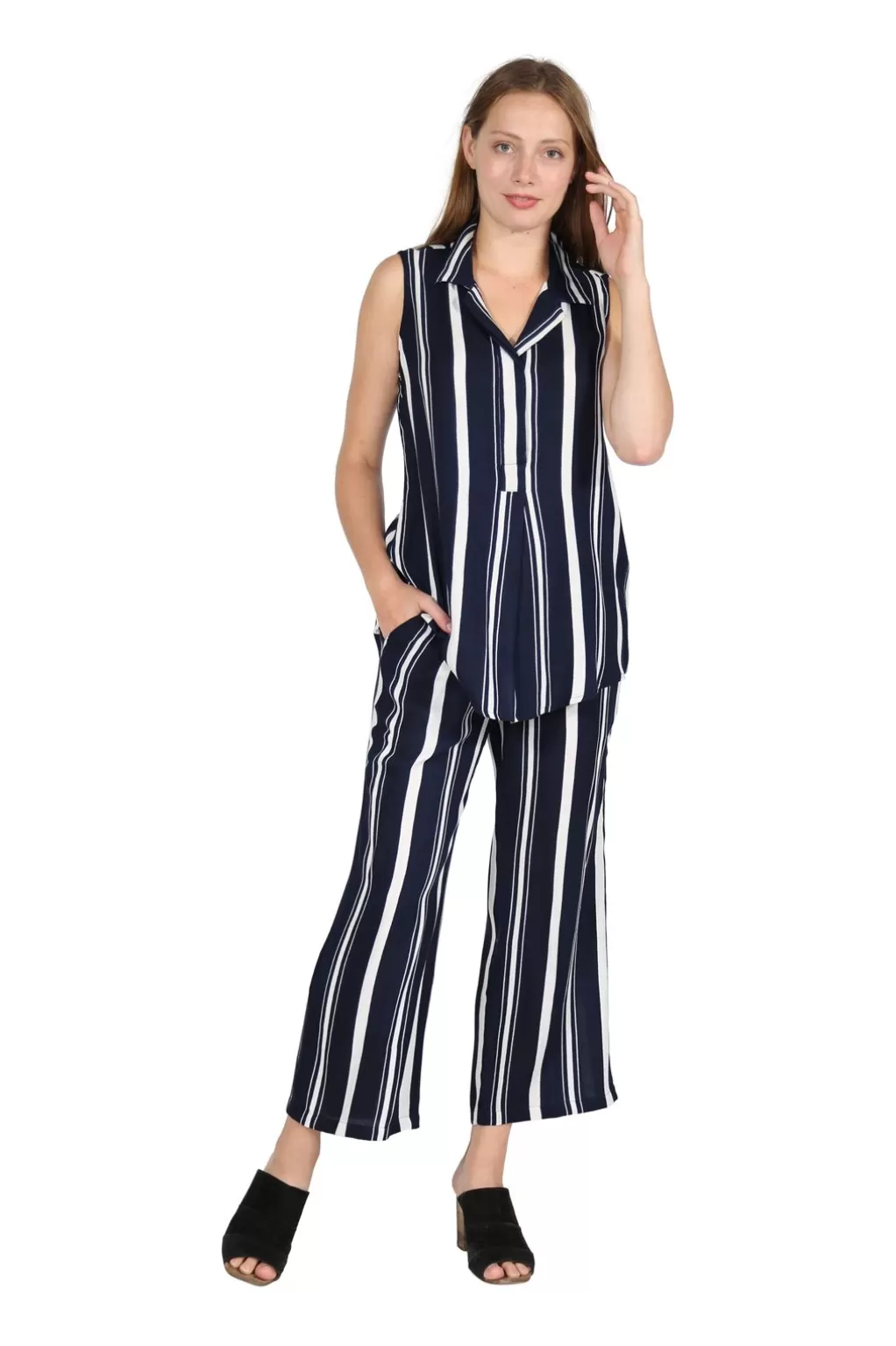 La Cera™ Navy And White Plus Size Sleeveless Set