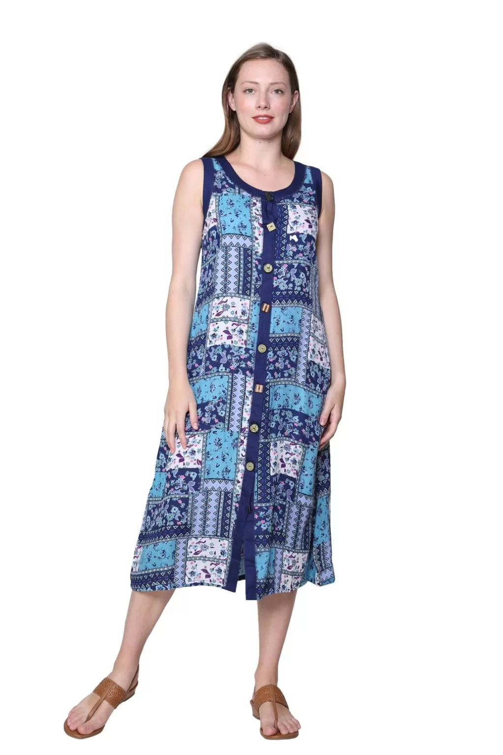 La Cera™ Novelty Button Patchwork Rayon Print Dress