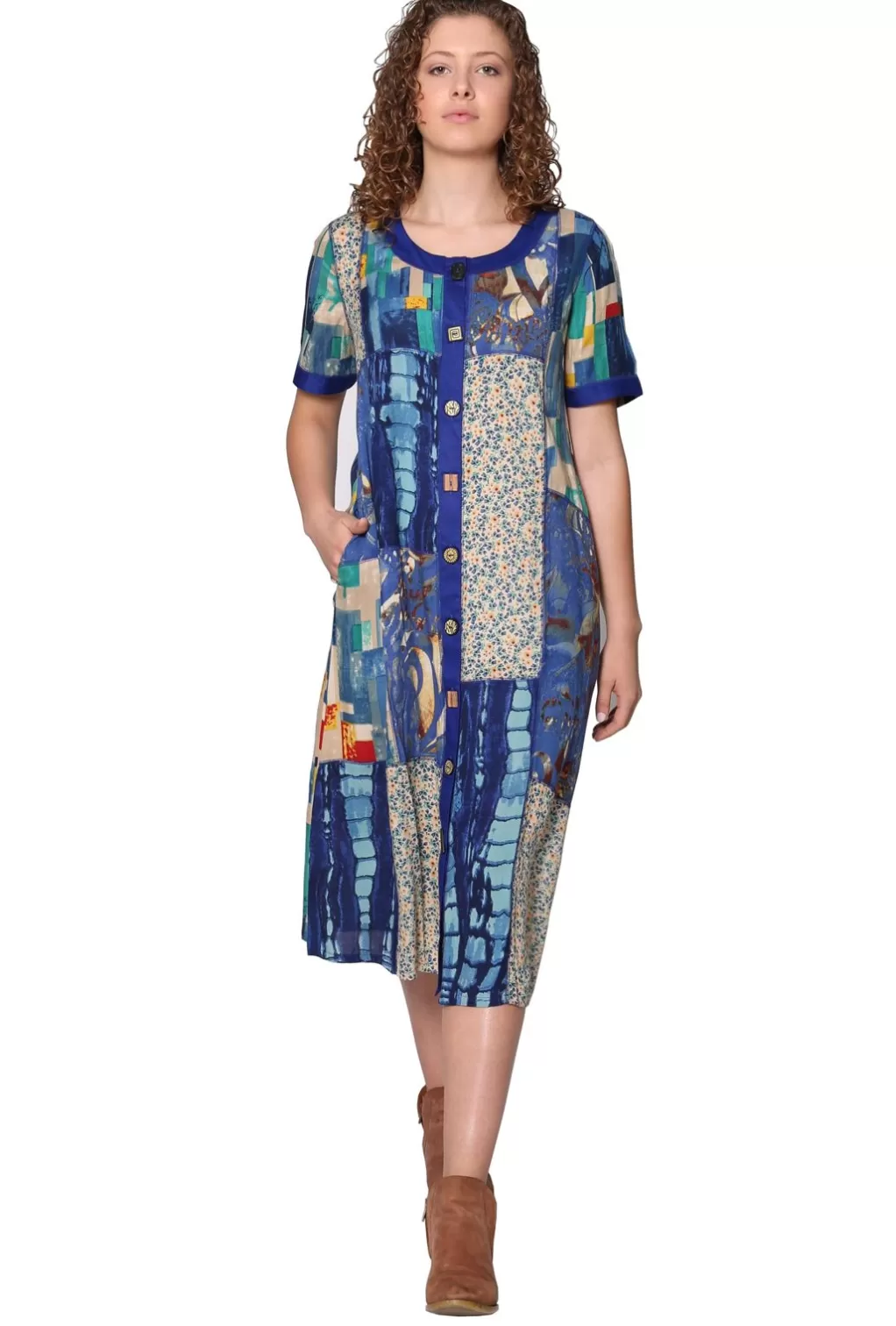 La Cera™ Novelty Button Patchwork Rayon Print Dress