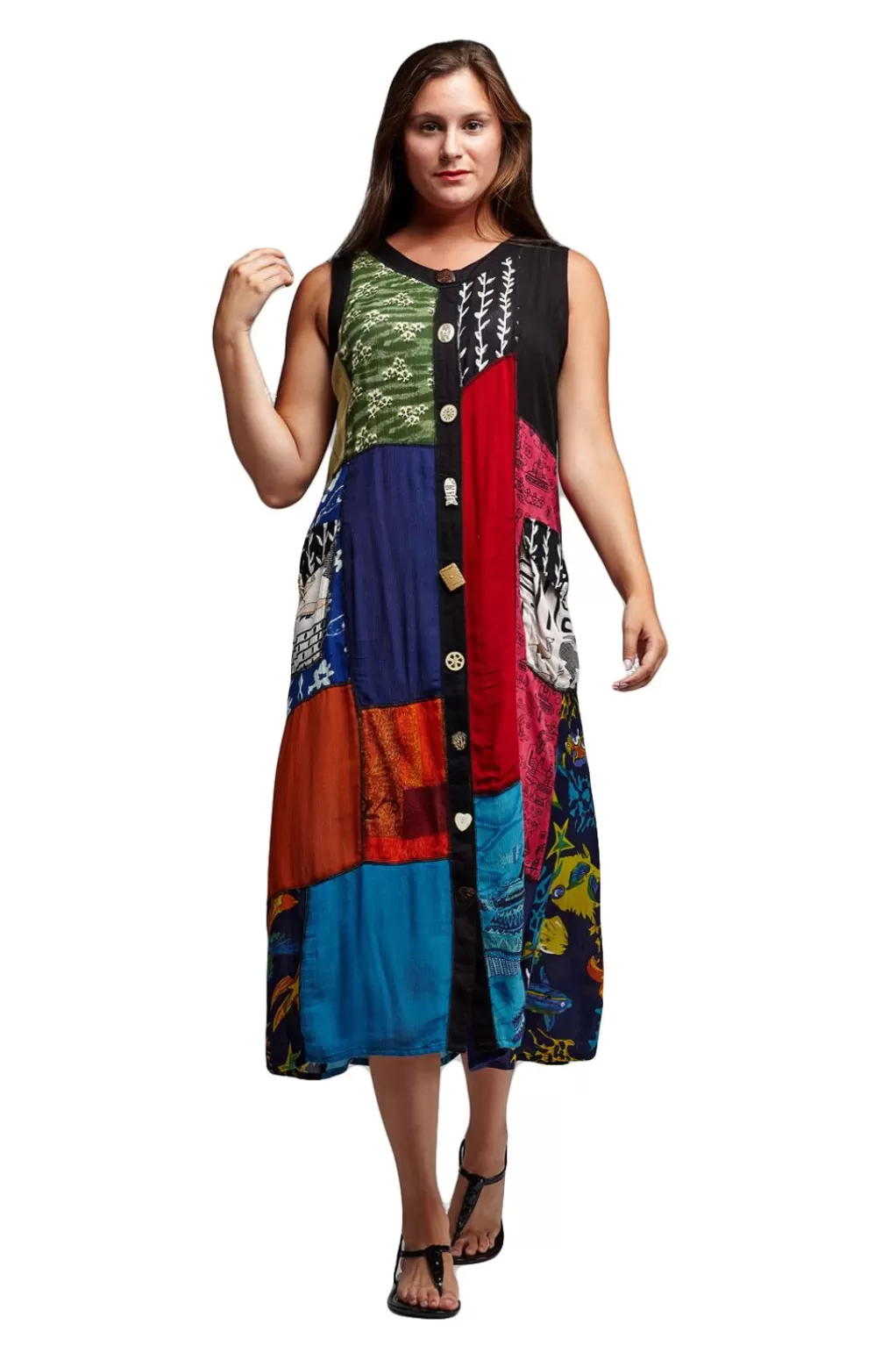 La Cera™ Novelty Button Patchwork Rayon Print Dress