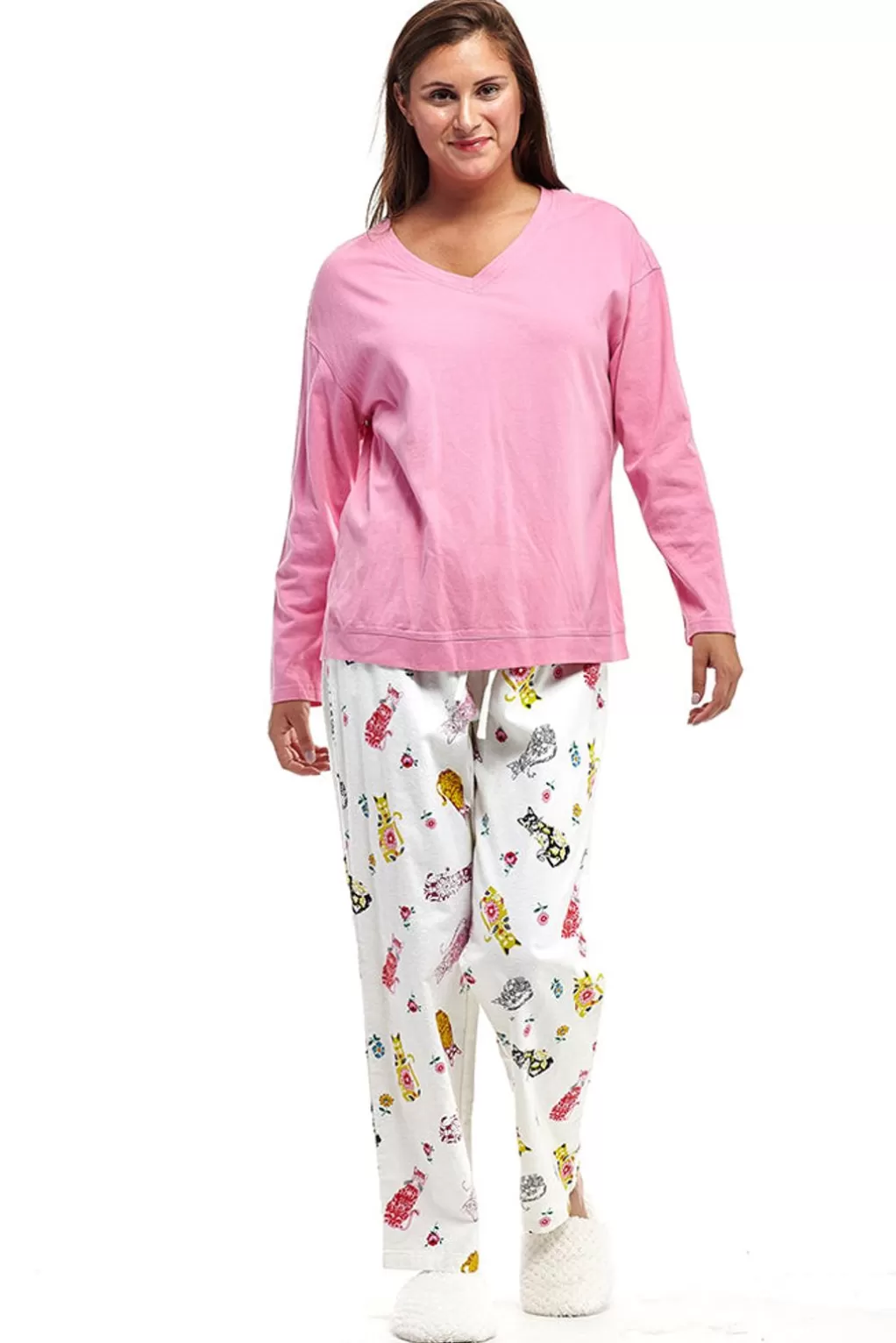 La Cera™ Pink Flannel Cat Print Pajama Set