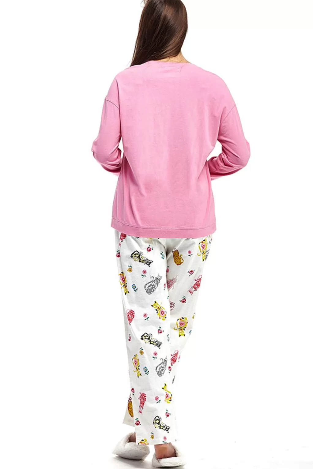 La Cera™ Pink Flannel Cat Print Pajama Set