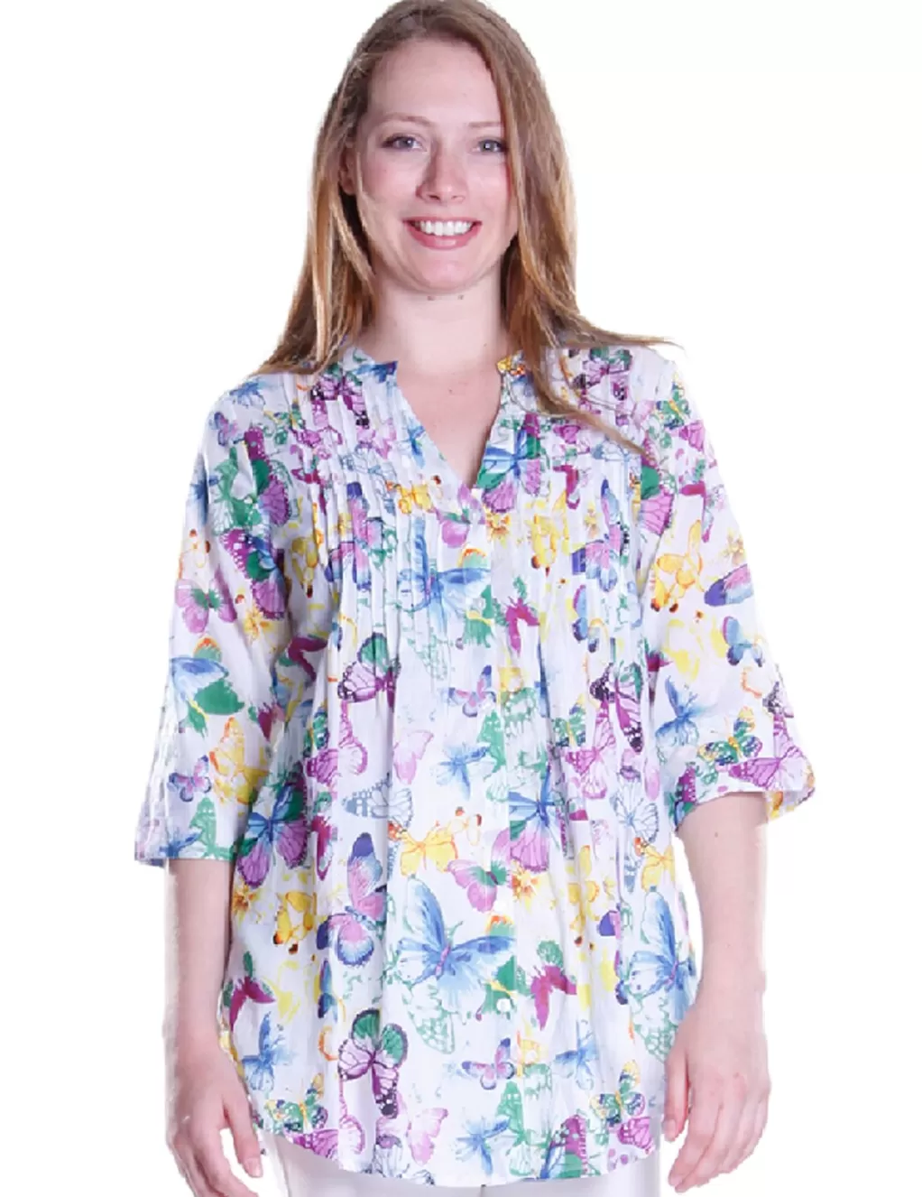 La Cera™ Pleat Front Butterfly Printed Cotton Top
