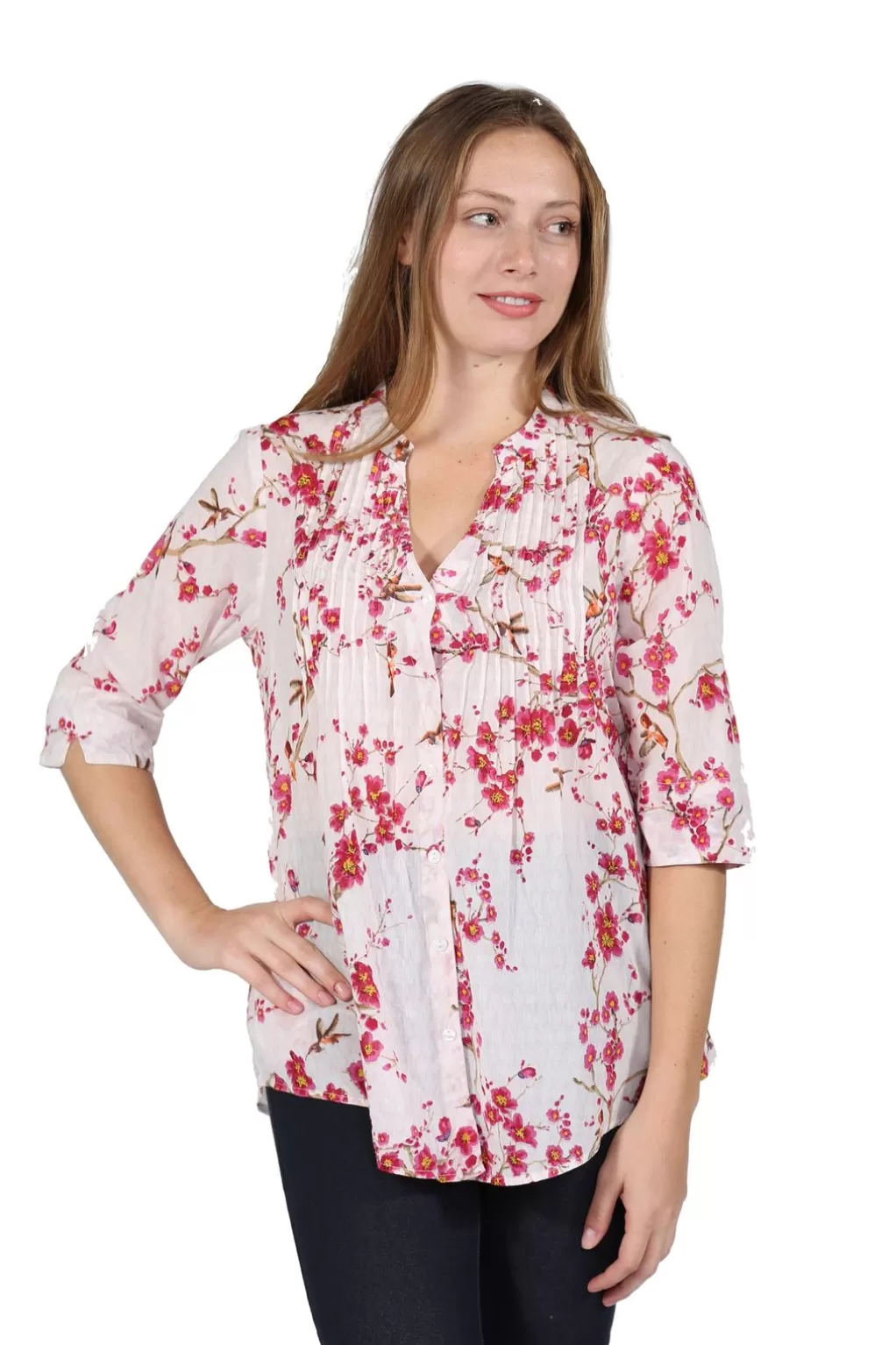 La Cera™ Pleat Front Fern Print Cotton Top