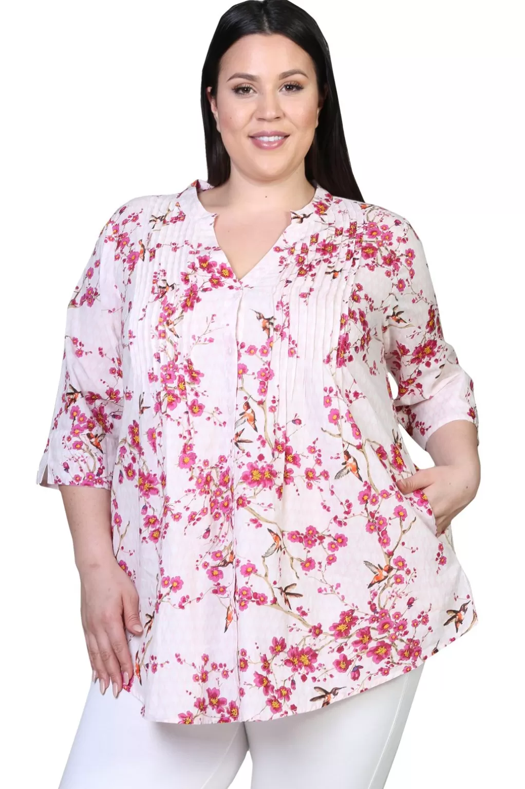 La Cera™ Pleat Front Floral Print Cotton Top - Plus Size