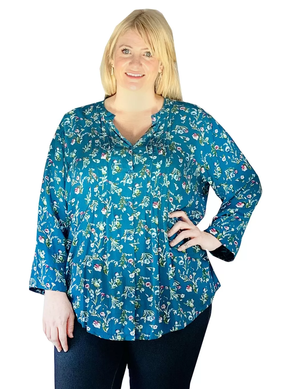 La Cera™ Pleat Front Printed Rayon Top - Plus Size