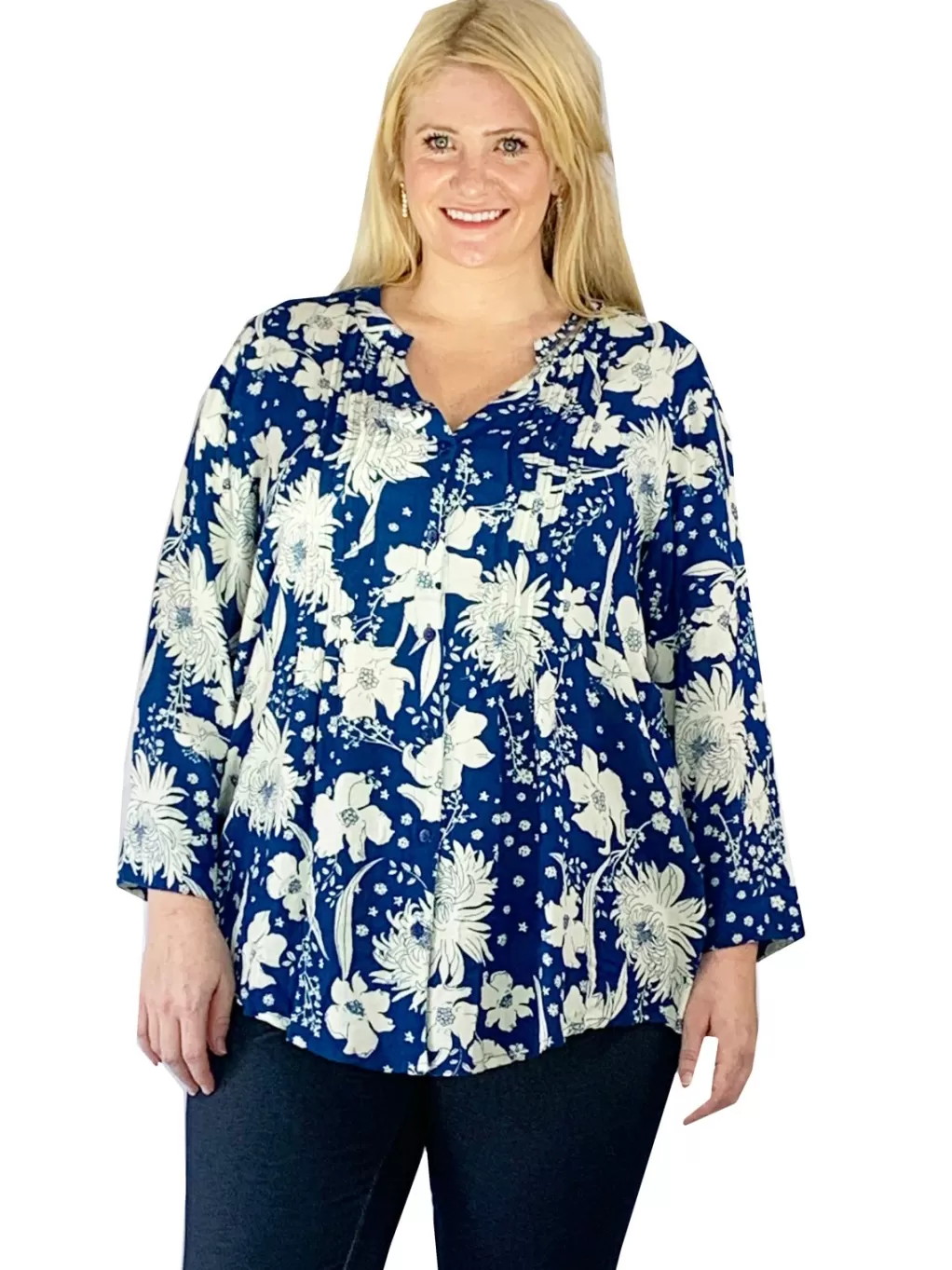La Cera™ Pleat Front Printed Rayon Top - Plus Size