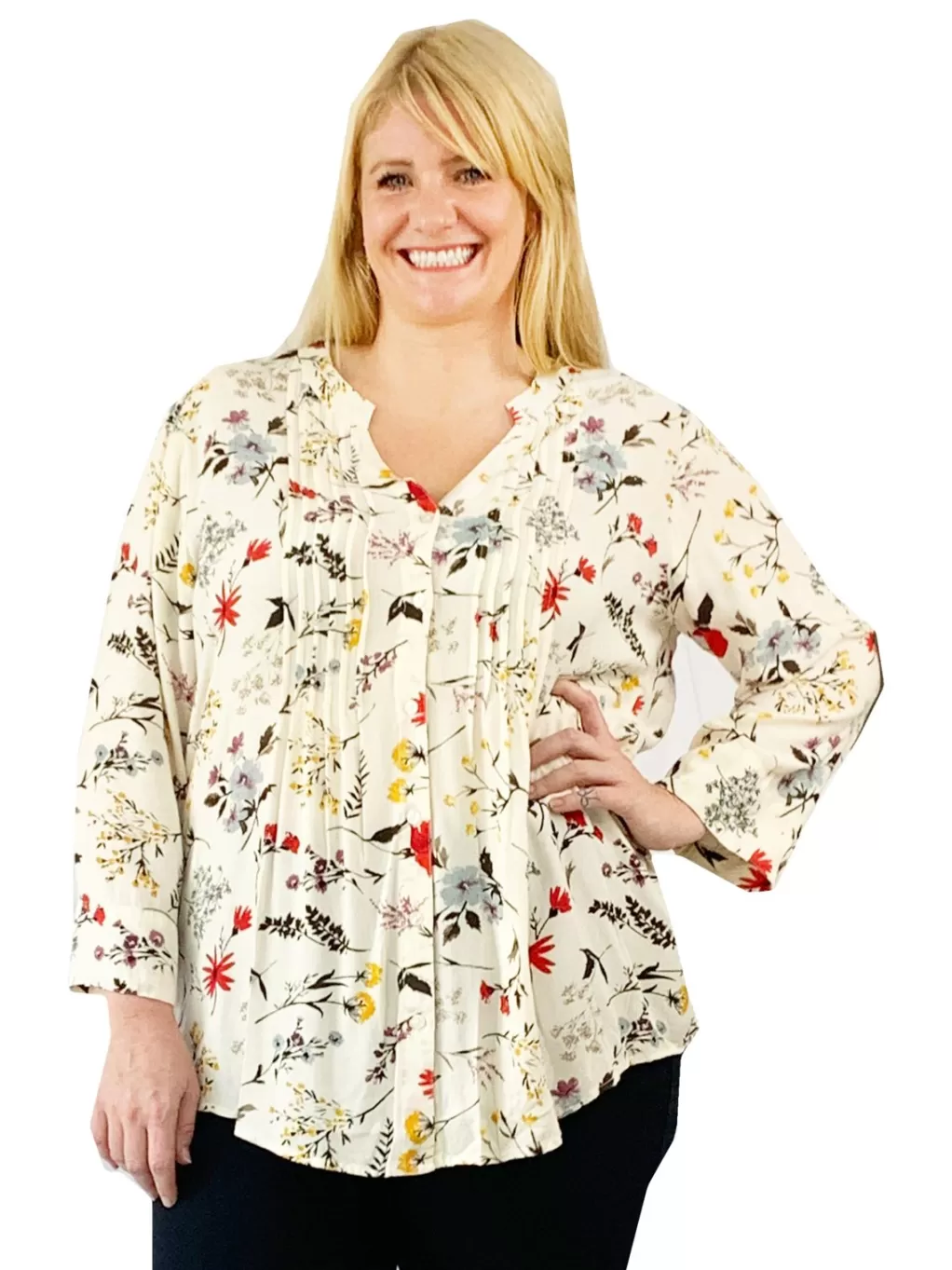 La Cera™ Pleat Front Printed Rayon Top - Plus Size