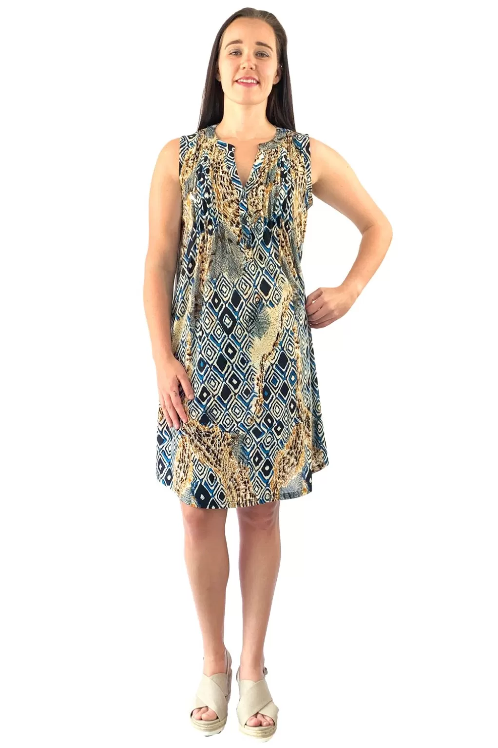 La Cera™ Pleat Front Sleeveless Malabar Print Dress