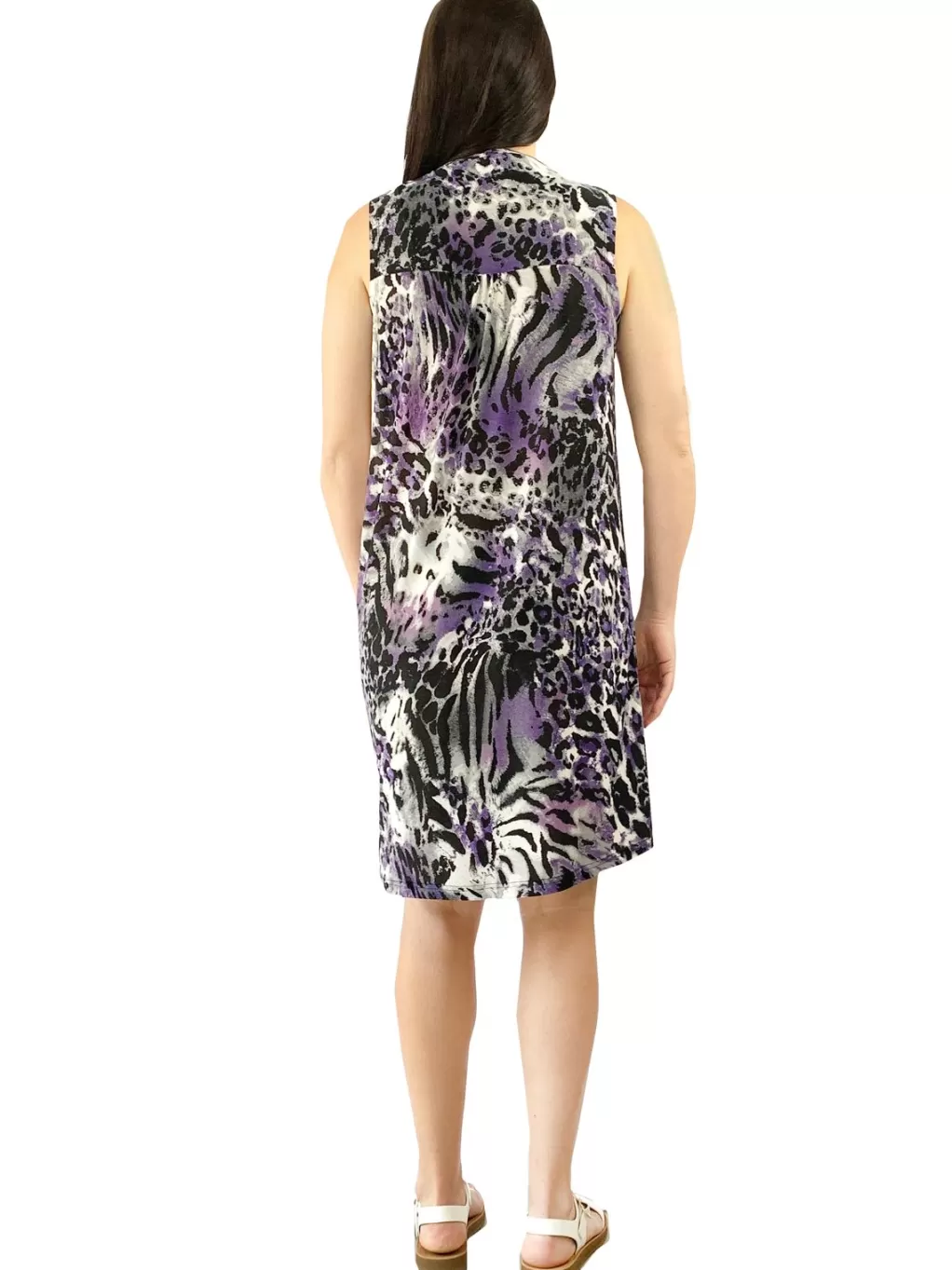 La Cera™ Pleat Front Sleeveless Purple Cheetah Print Dress