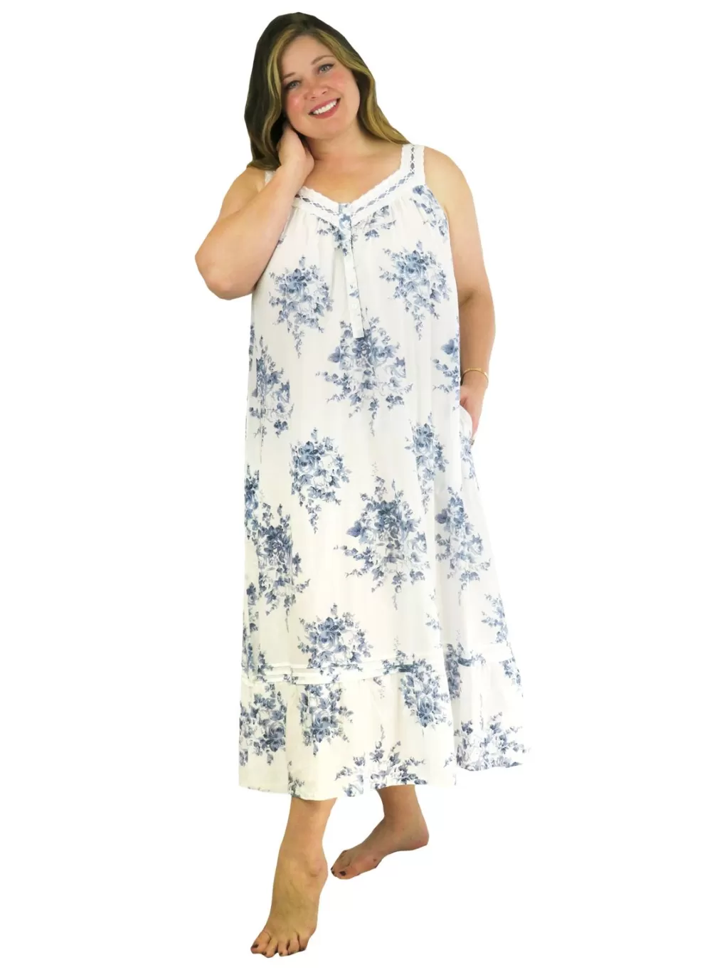 La Cera™ Plus Size 100% Cotton Lace Trim Flounce Gown- Blue And White Floral Pr