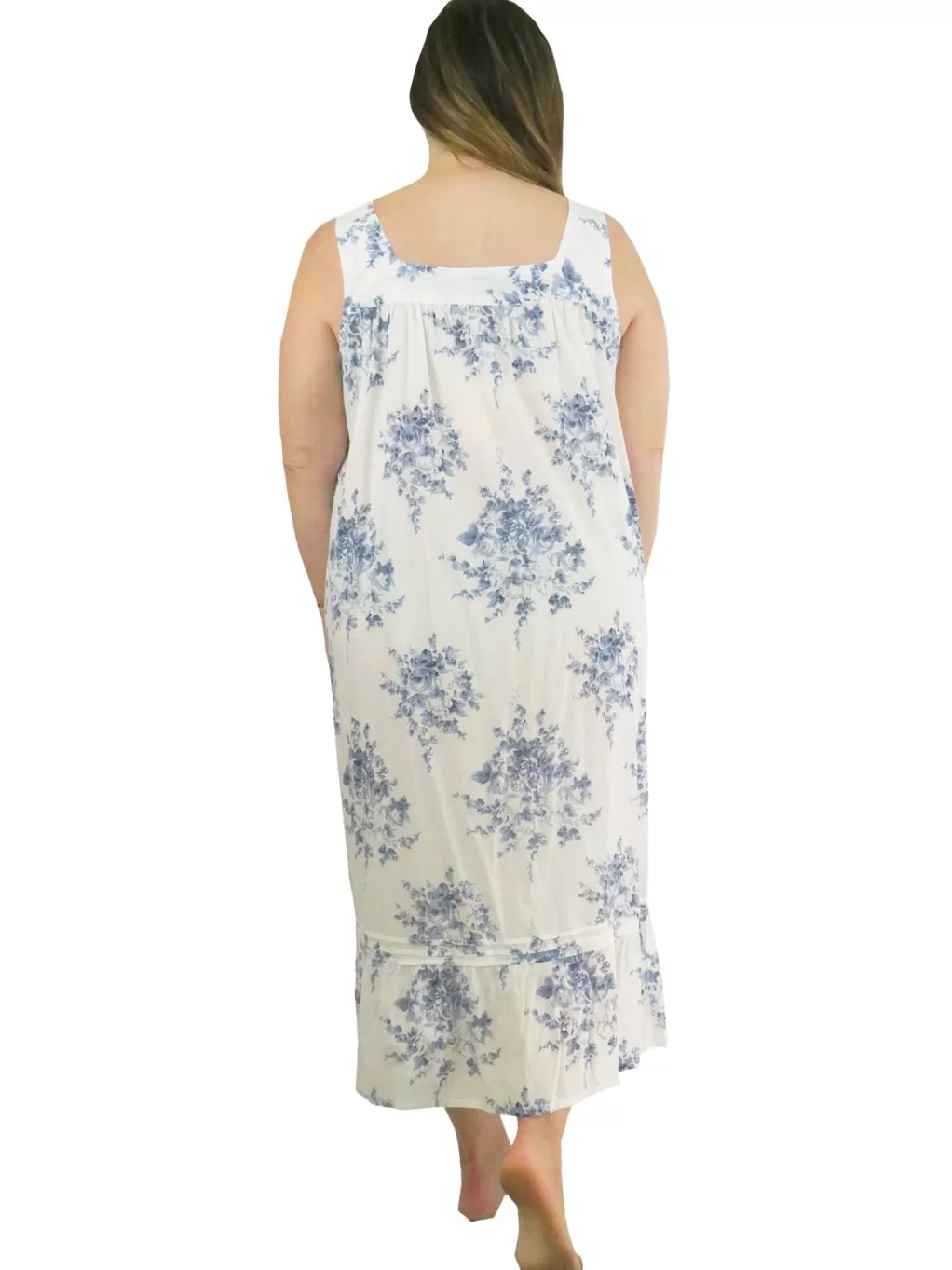 La Cera™ Plus Size 100% Cotton Lace Trim Flounce Gown- Blue And White Floral Pr