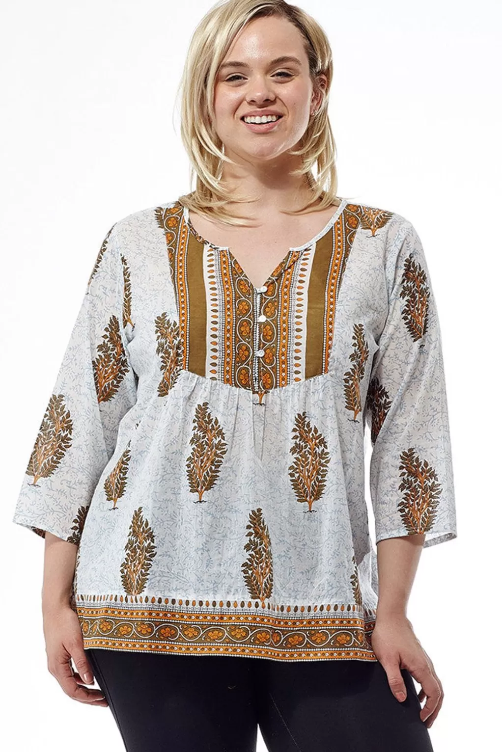 La Cera™ Plus Size Block Print Cotton Tunic Top