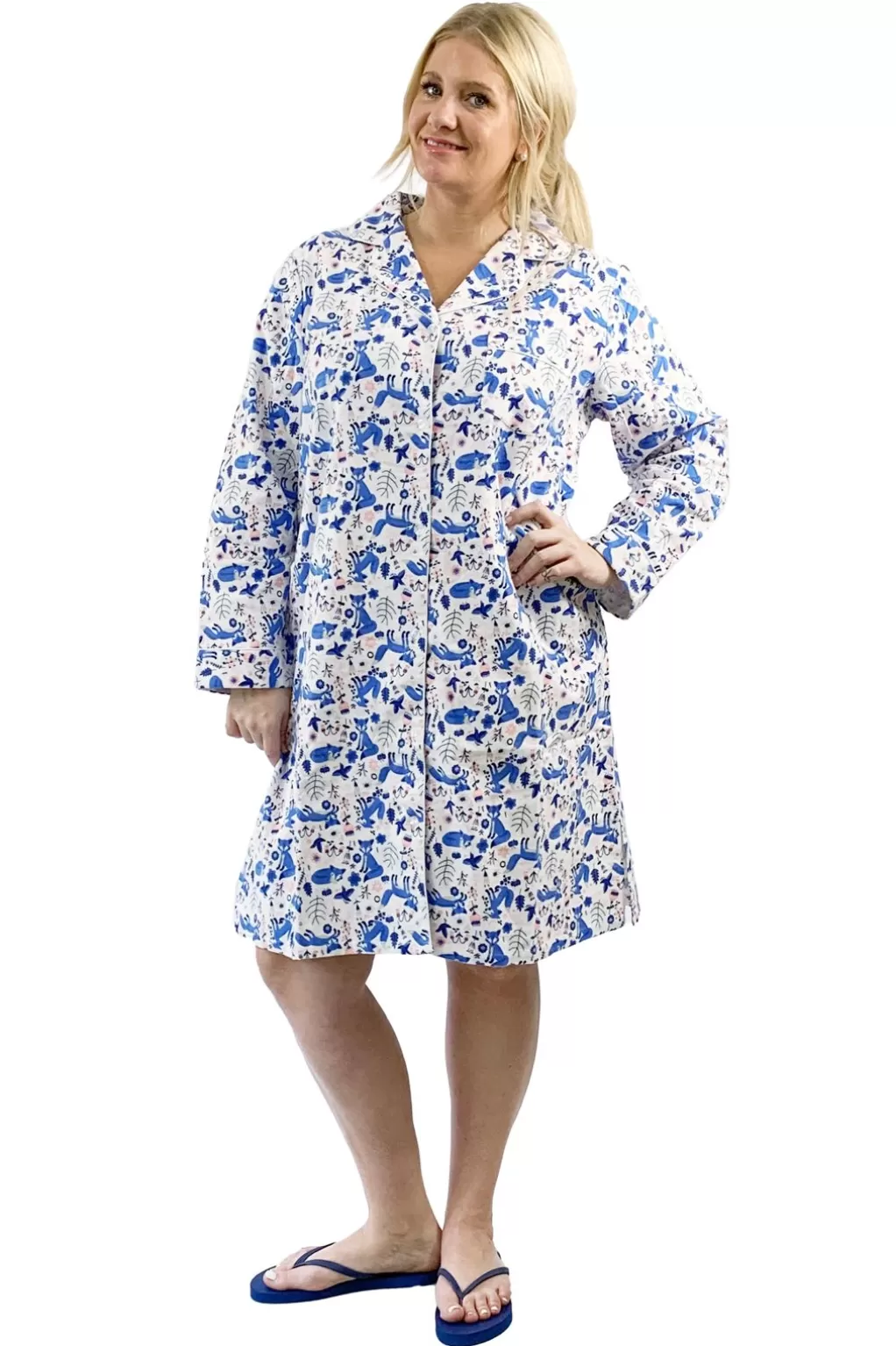 La Cera™ Plus Size Blue Fox Flannel Night Shirt