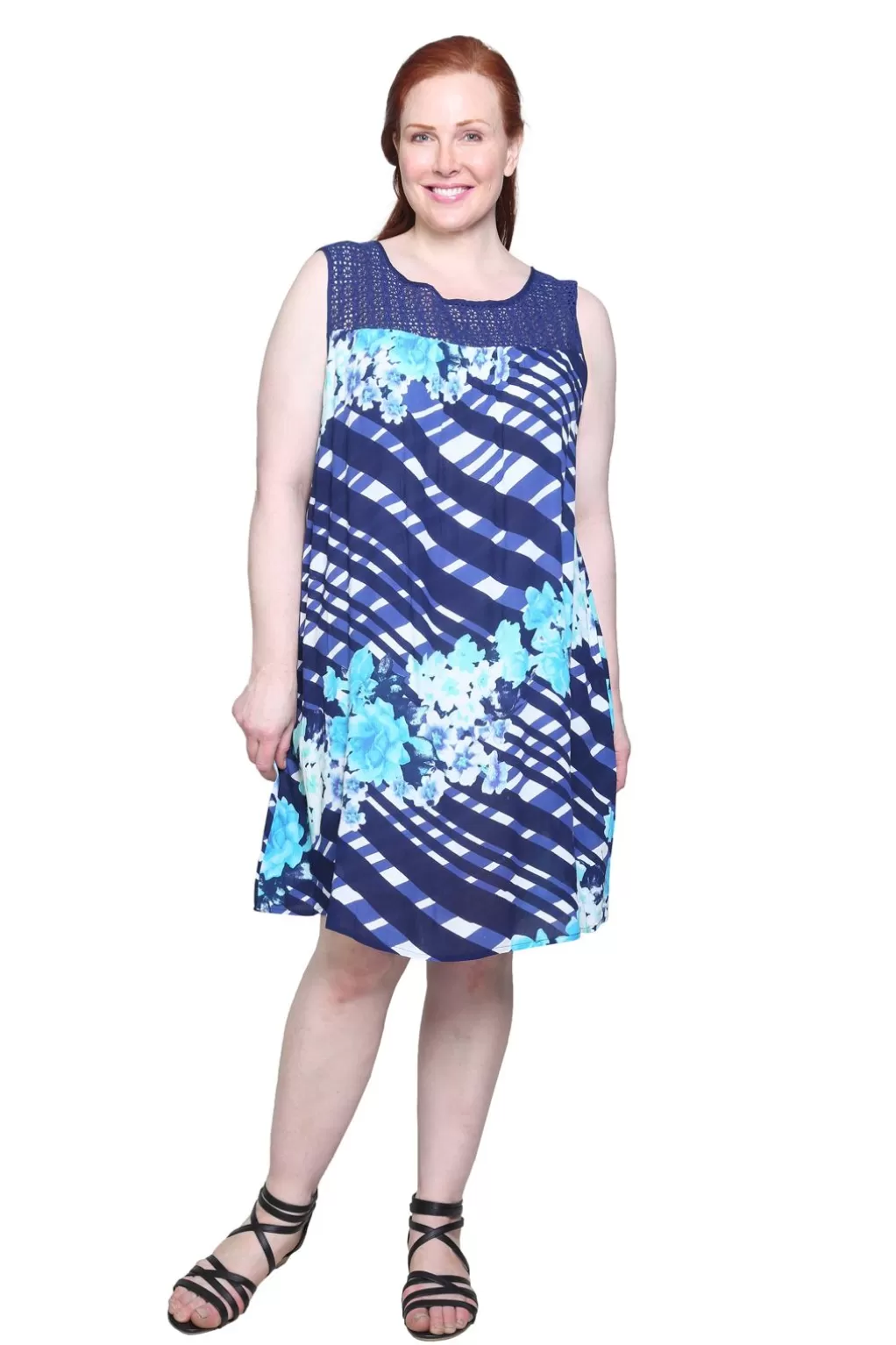 La Cera™ Plus Size Crochet Yoke Geometrical Print Dress