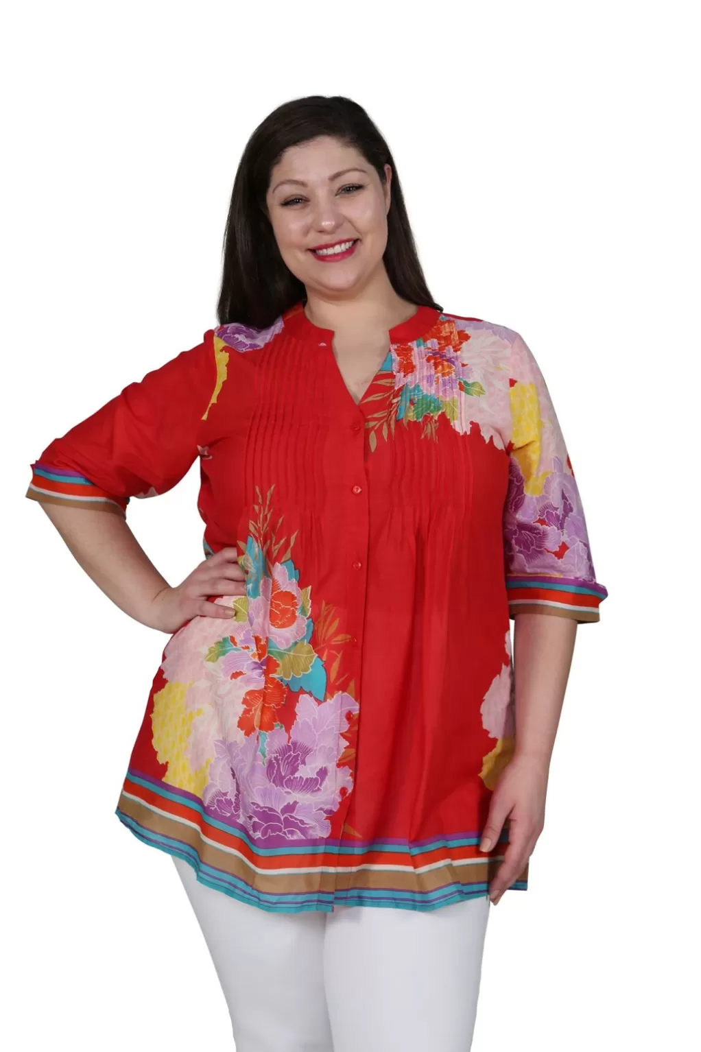 La Cera™ Plus Size Floral Border Print Tunic With Release Pleats
