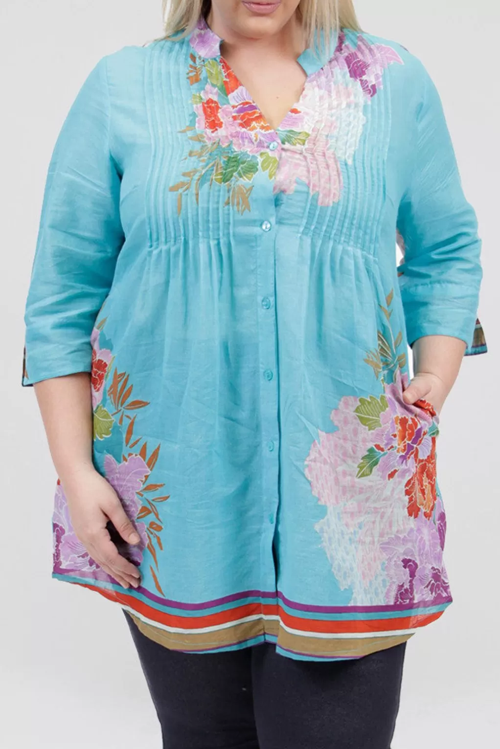 La Cera™ Plus Size Floral Border Print Tunic With Release Pleats