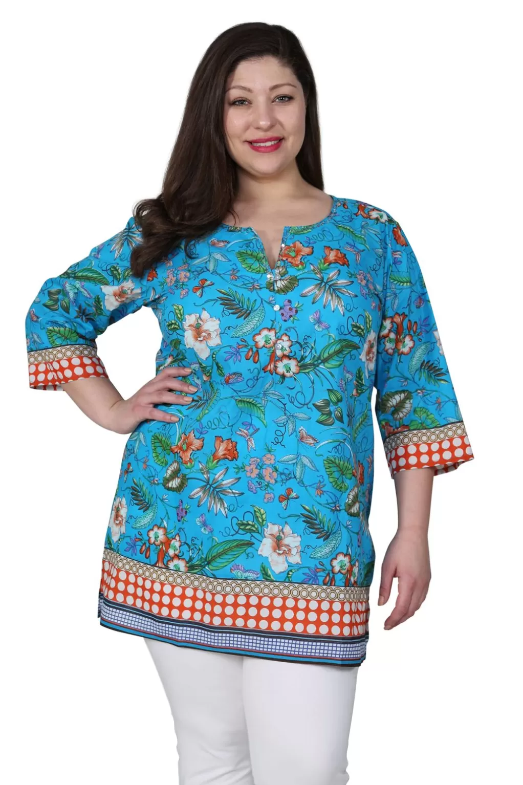 La Cera™ Plus Size Floral Mixed Media Tunic