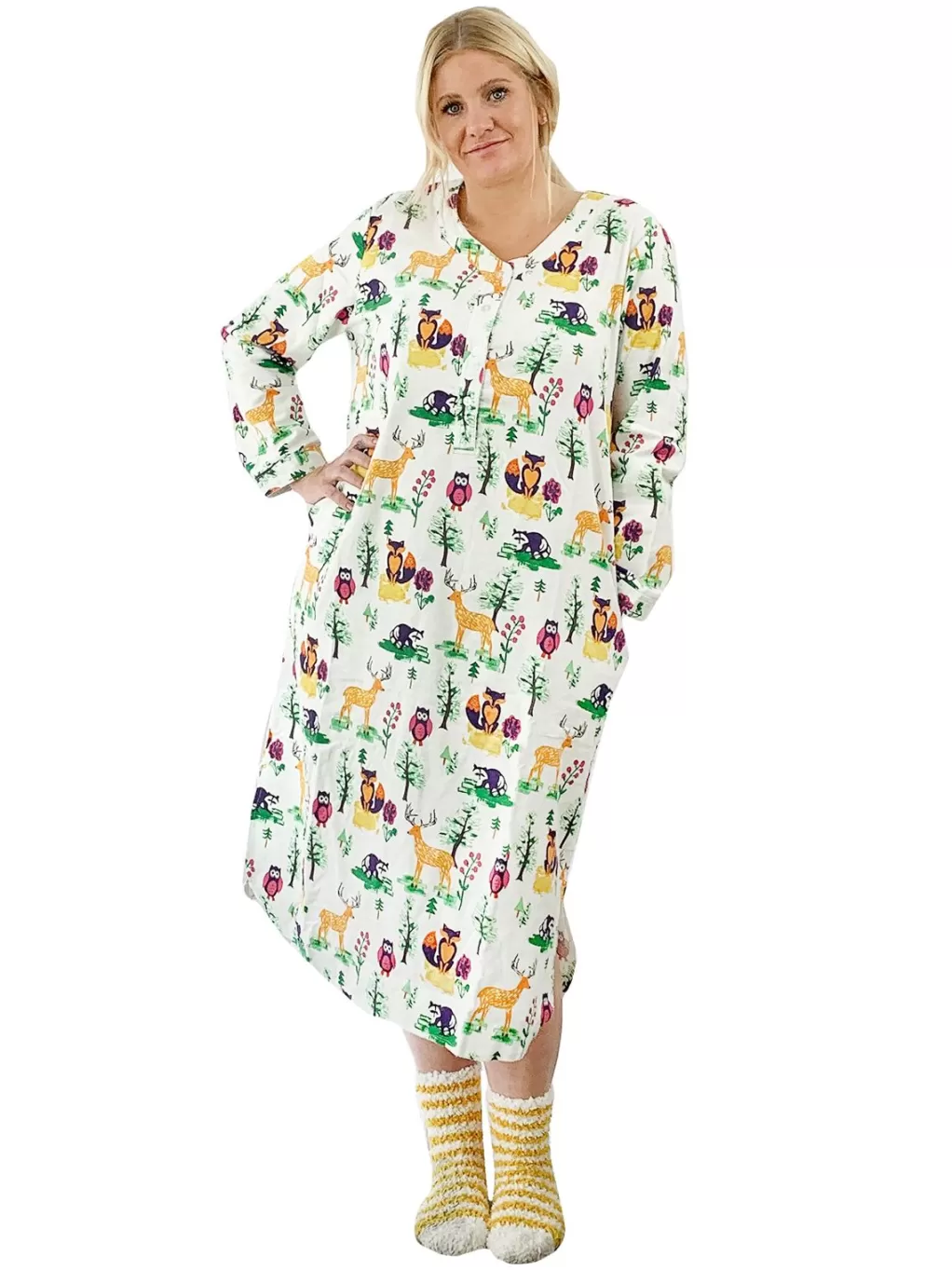 La Cera™ Plus Size Forest Animals Flannel Henley Night Shirt
