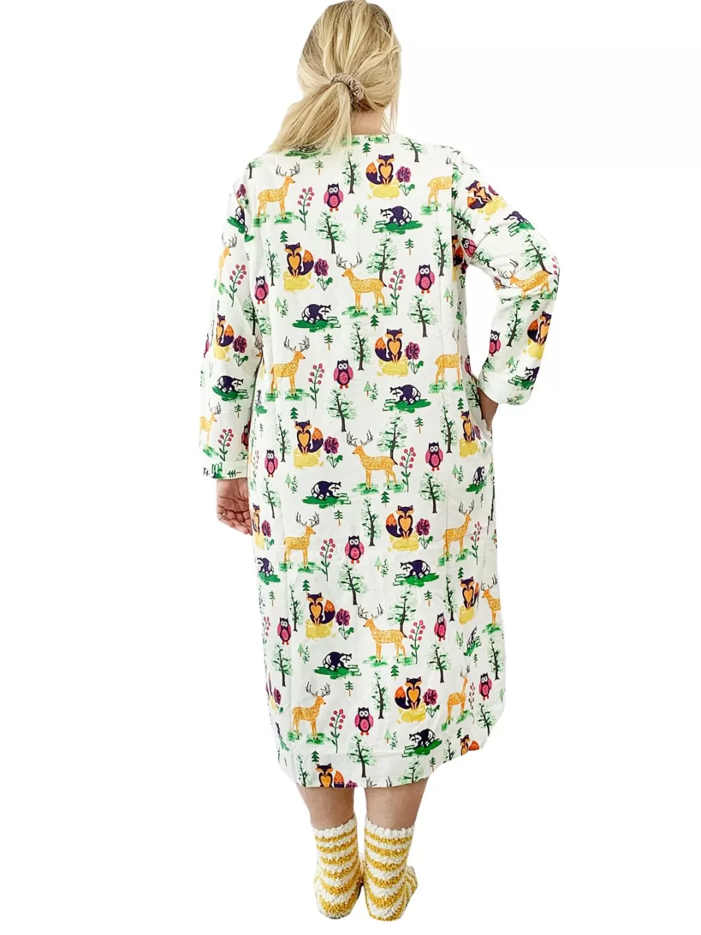 La Cera™ Plus Size Forest Animals Flannel Henley Night Shirt