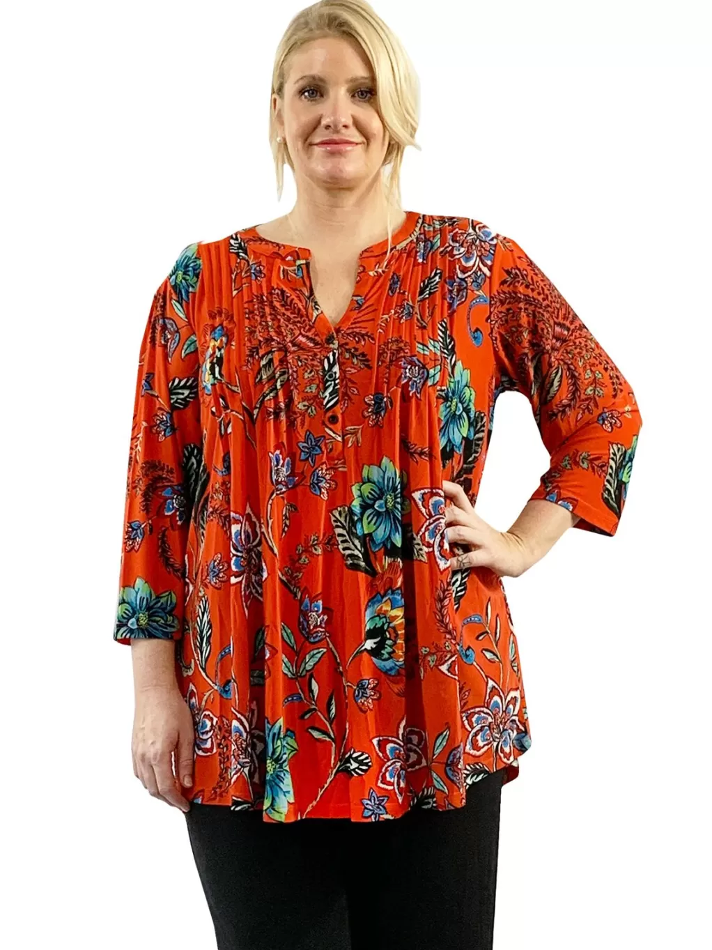 La Cera™ Plus Size La Cera Mandarin Floral Print Tunic