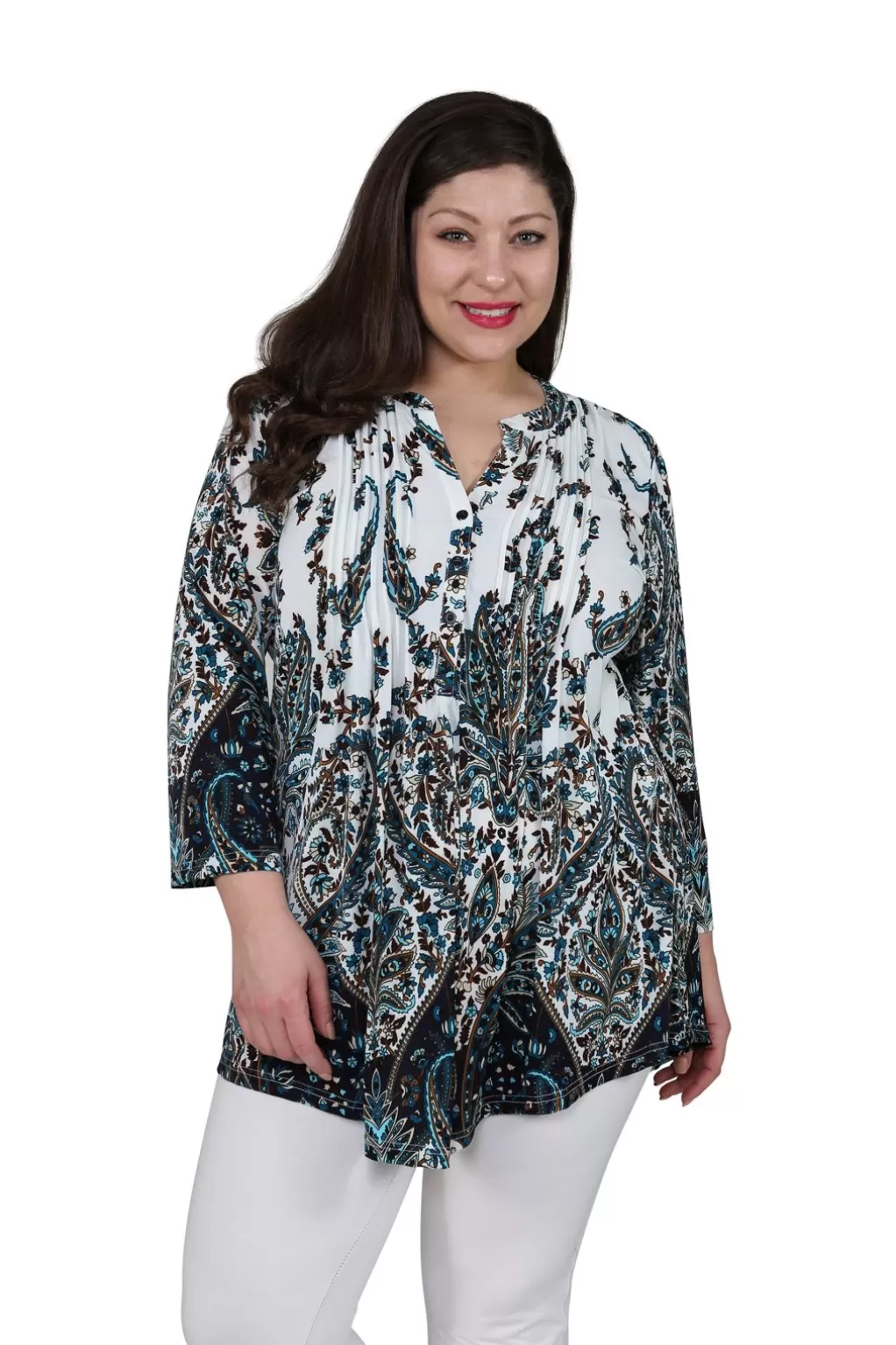 La Cera™ Plus Size La Cera Pleat Front Paisley Tunic