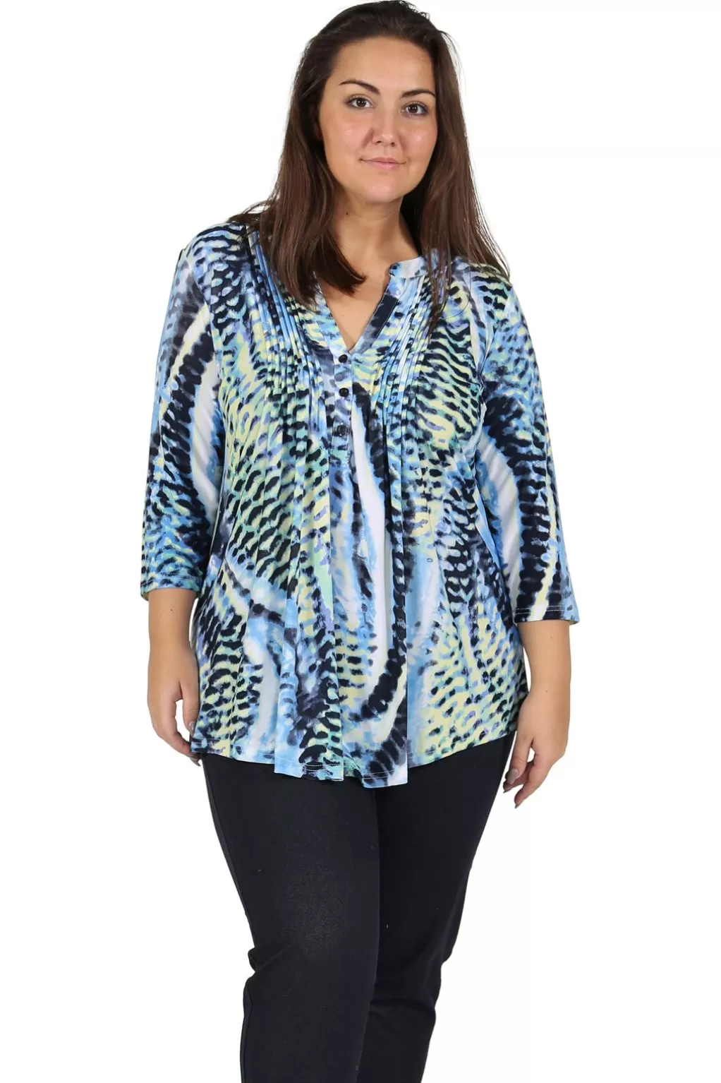 La Cera™ Plus Size La Cera Pleat Front Printed Tunic Blue Yellow