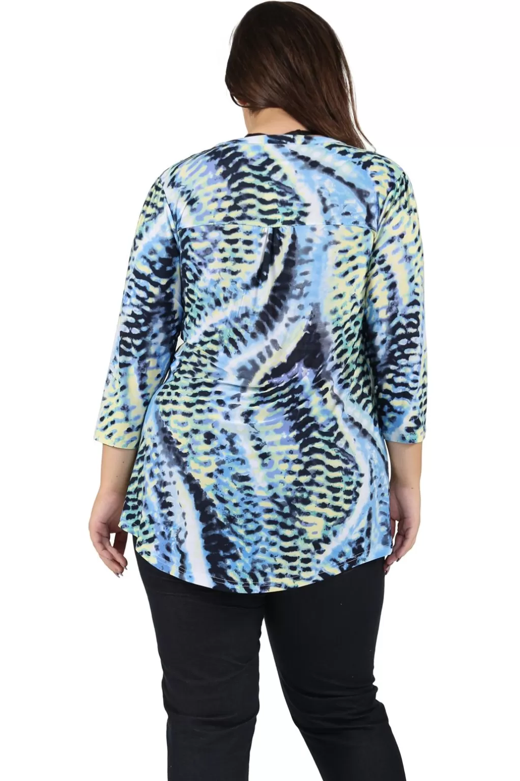 La Cera™ Plus Size La Cera Pleat Front Printed Tunic Blue Yellow