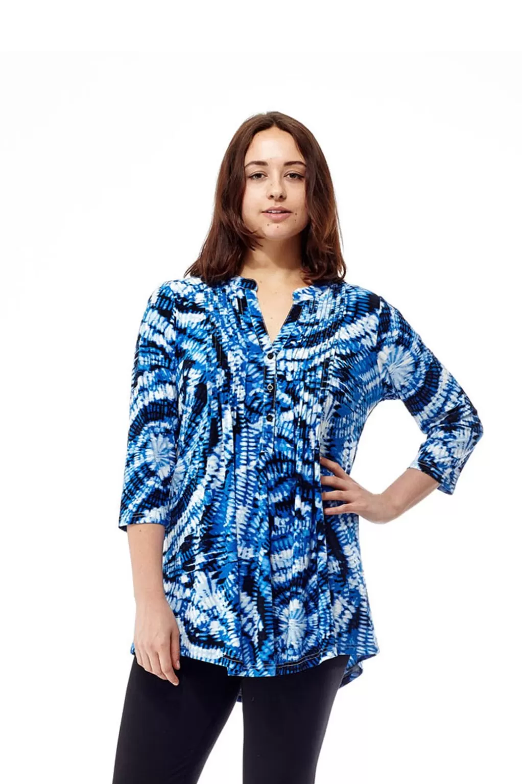 La Cera™ Plus Size La Cera Pleat Front Printed Tunic Tie-Dye