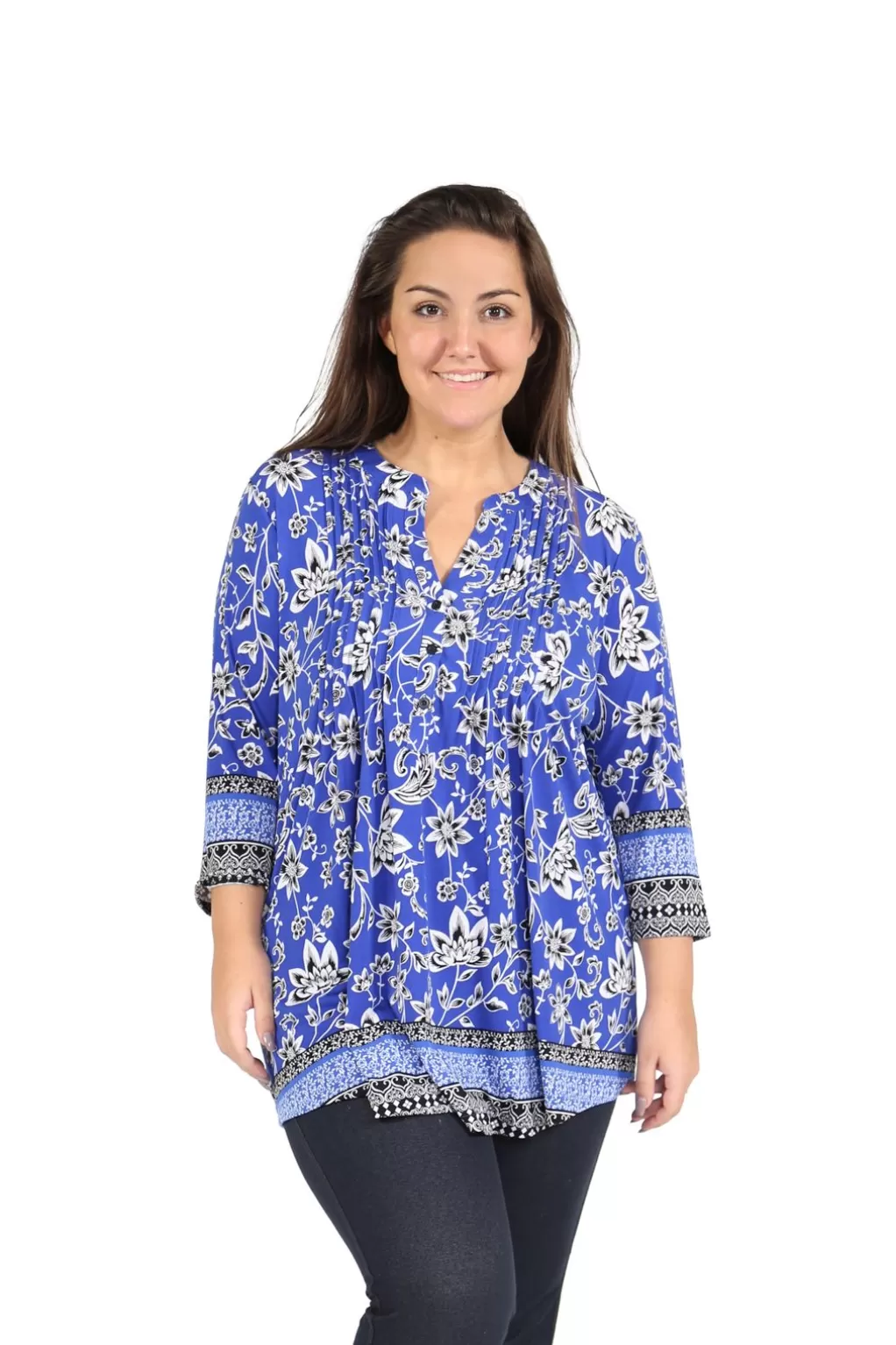 La Cera™ Plus Size La Cera Pleat Front Printed Tunic With Border Print