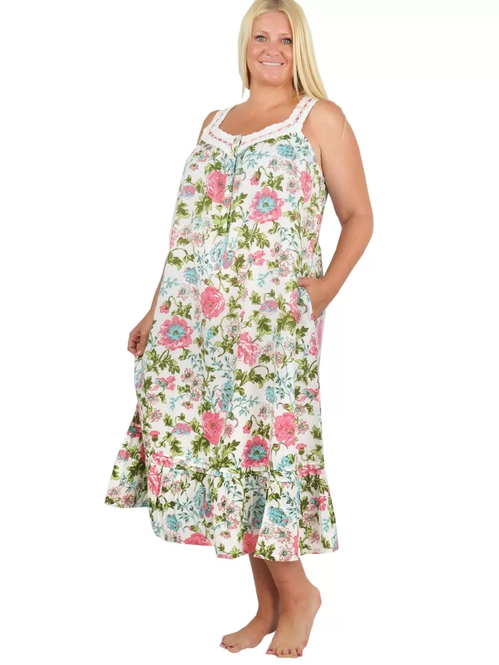 La Cera™ Plus Size Lace Trimmed 100% Cotton English Garden Print Gown