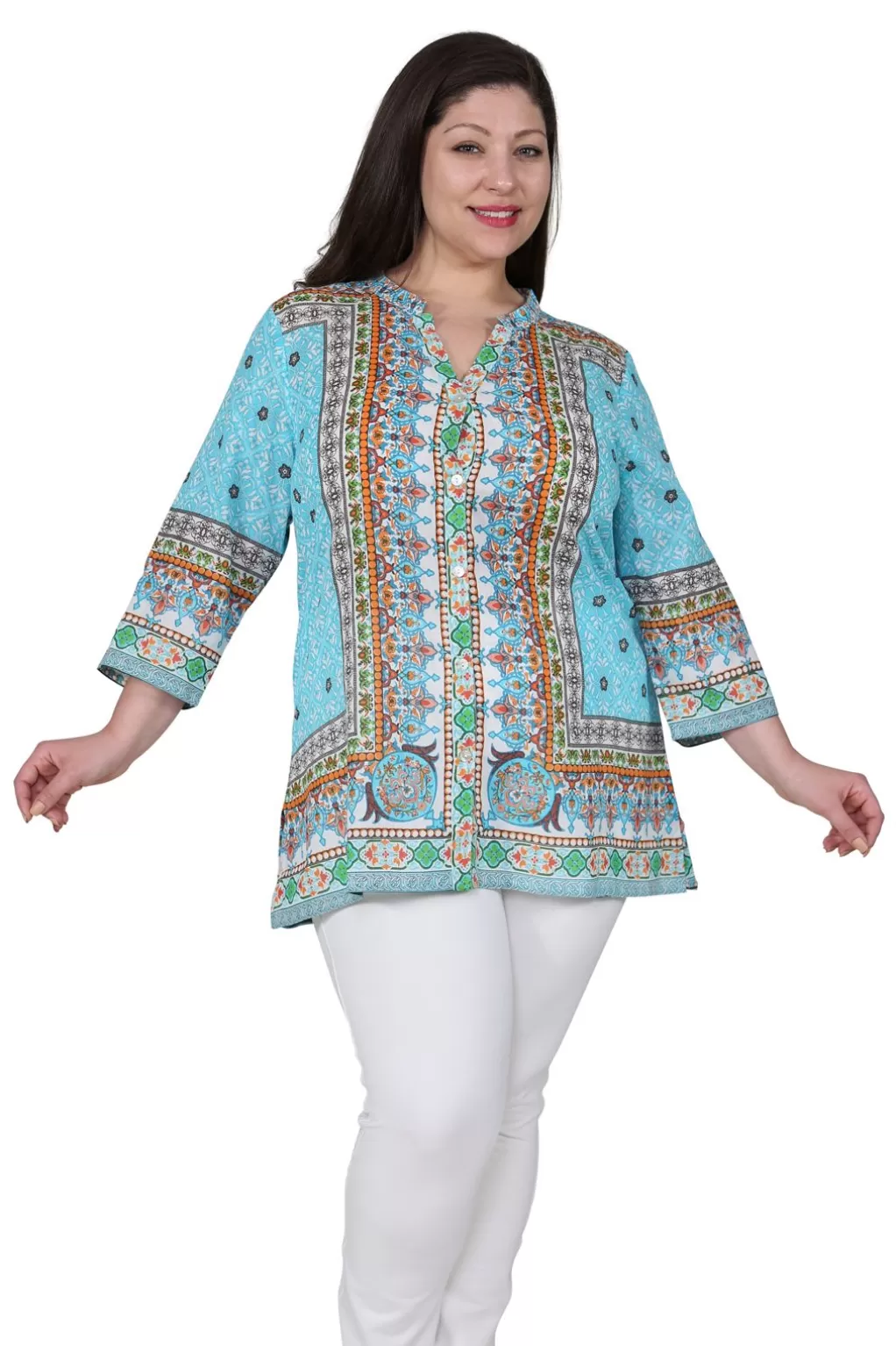 La Cera™ Plus Size Mosaic Border Print Tunic