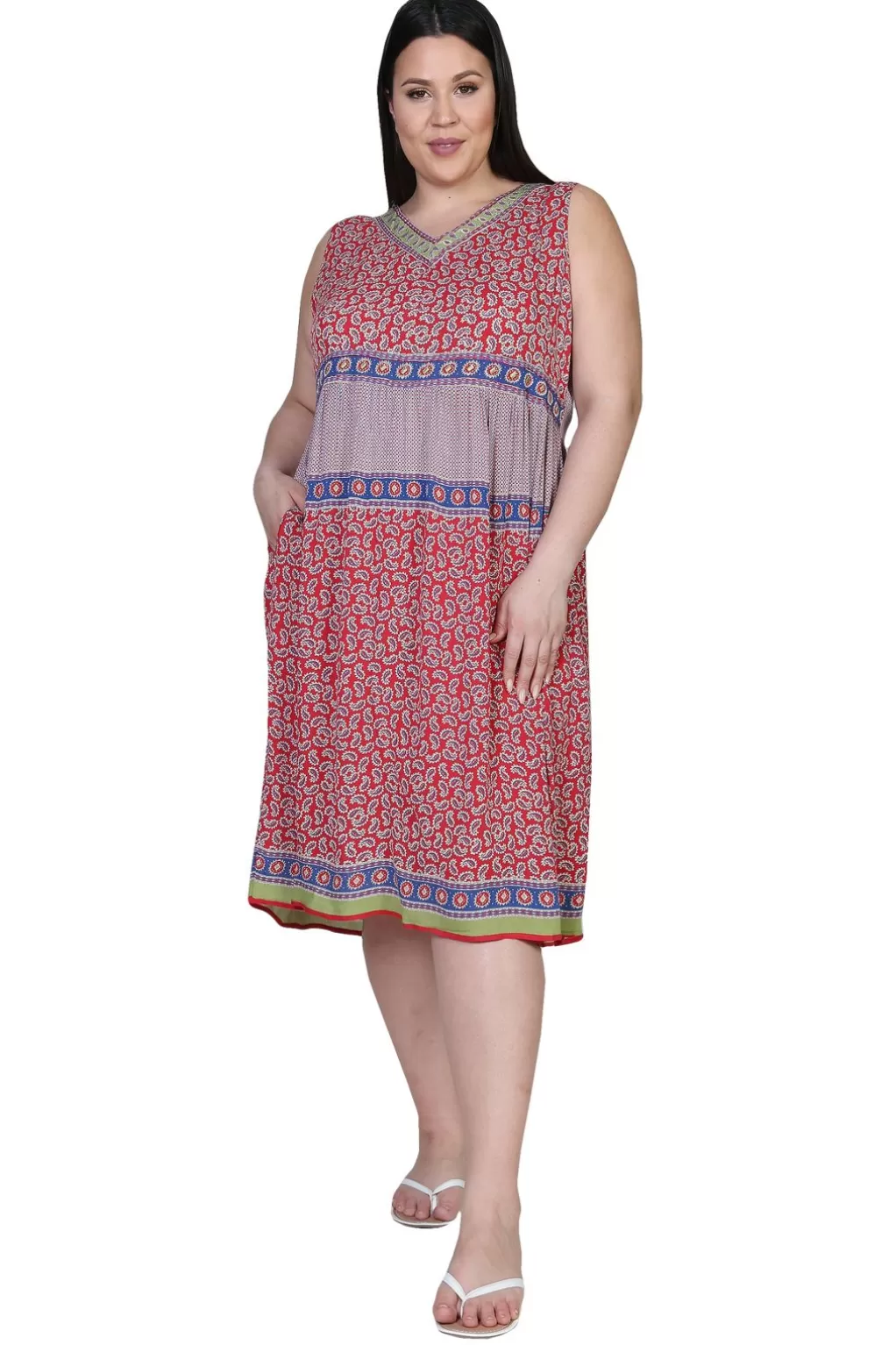 La Cera™ Plus Size V-Neckline Empire Waist Border Print Dress
