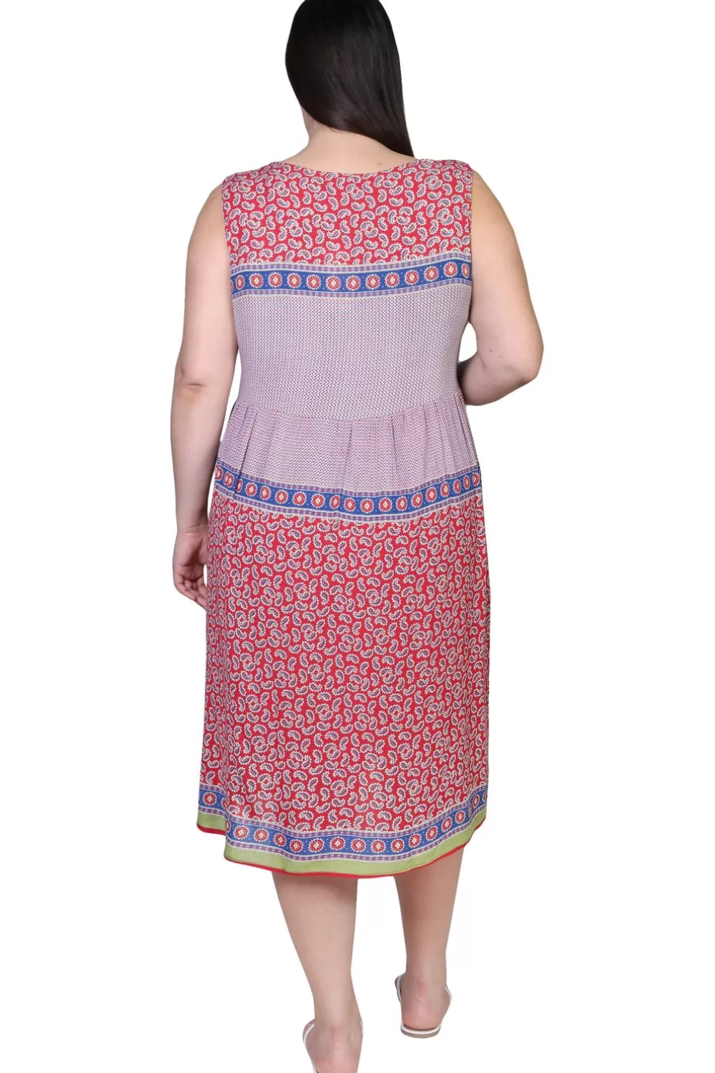 La Cera™ Plus Size V-Neckline Empire Waist Border Print Dress