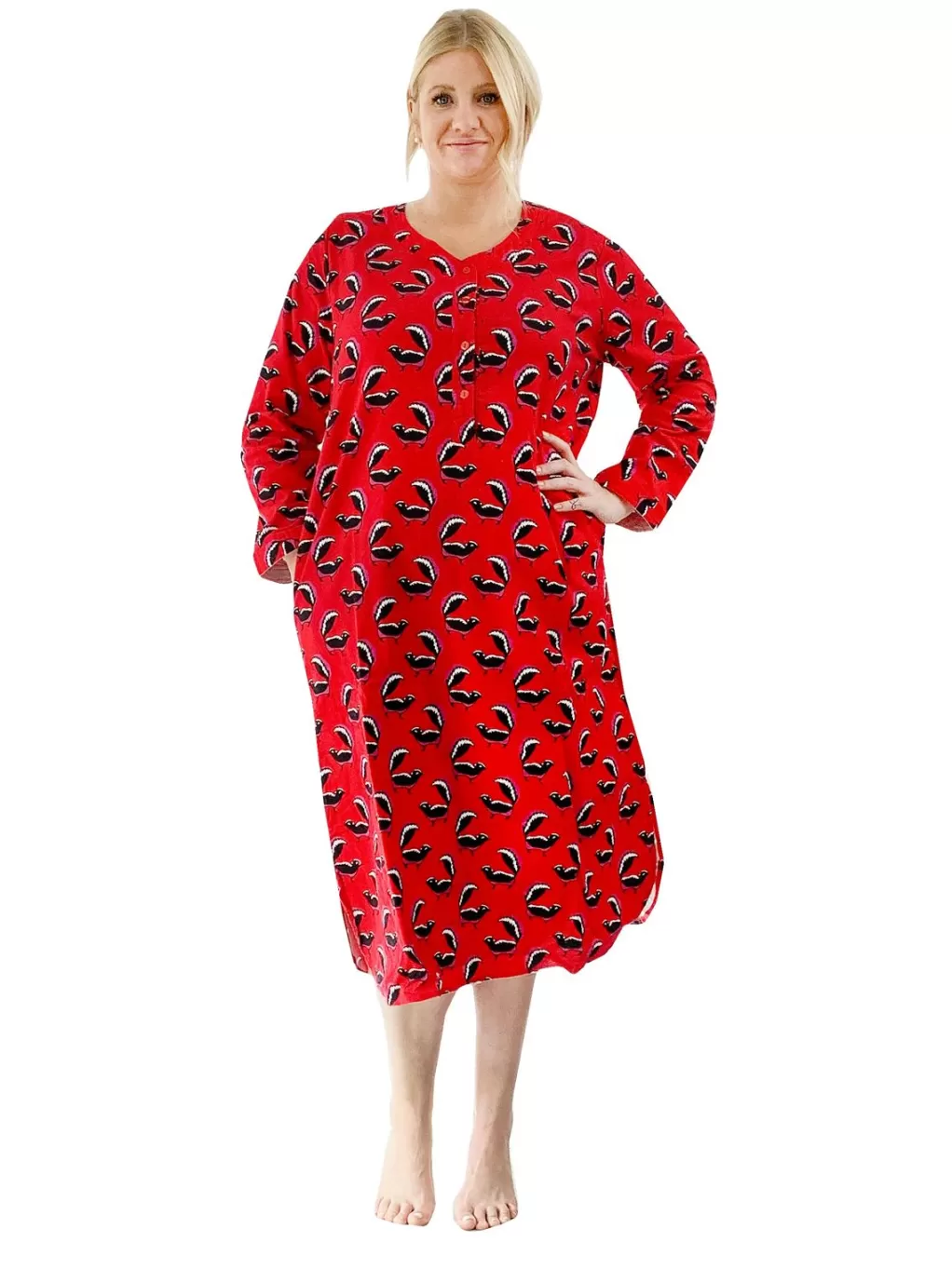 La Cera™ Plus Size Whimsical Skunk Flannel Henley Night Shirt