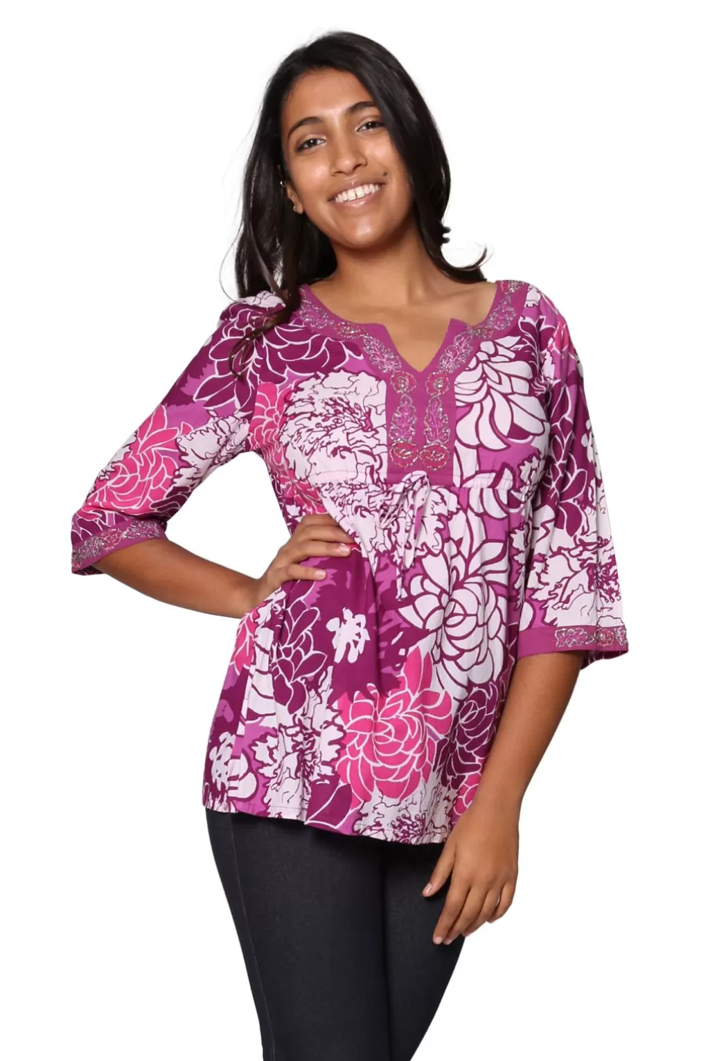 La Cera™ Purple Floral Cotton Voile Embroidered Tunic