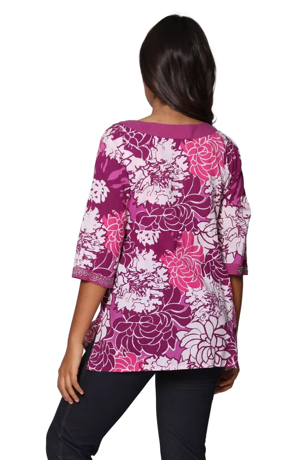 La Cera™ Purple Floral Cotton Voile Embroidered Tunic